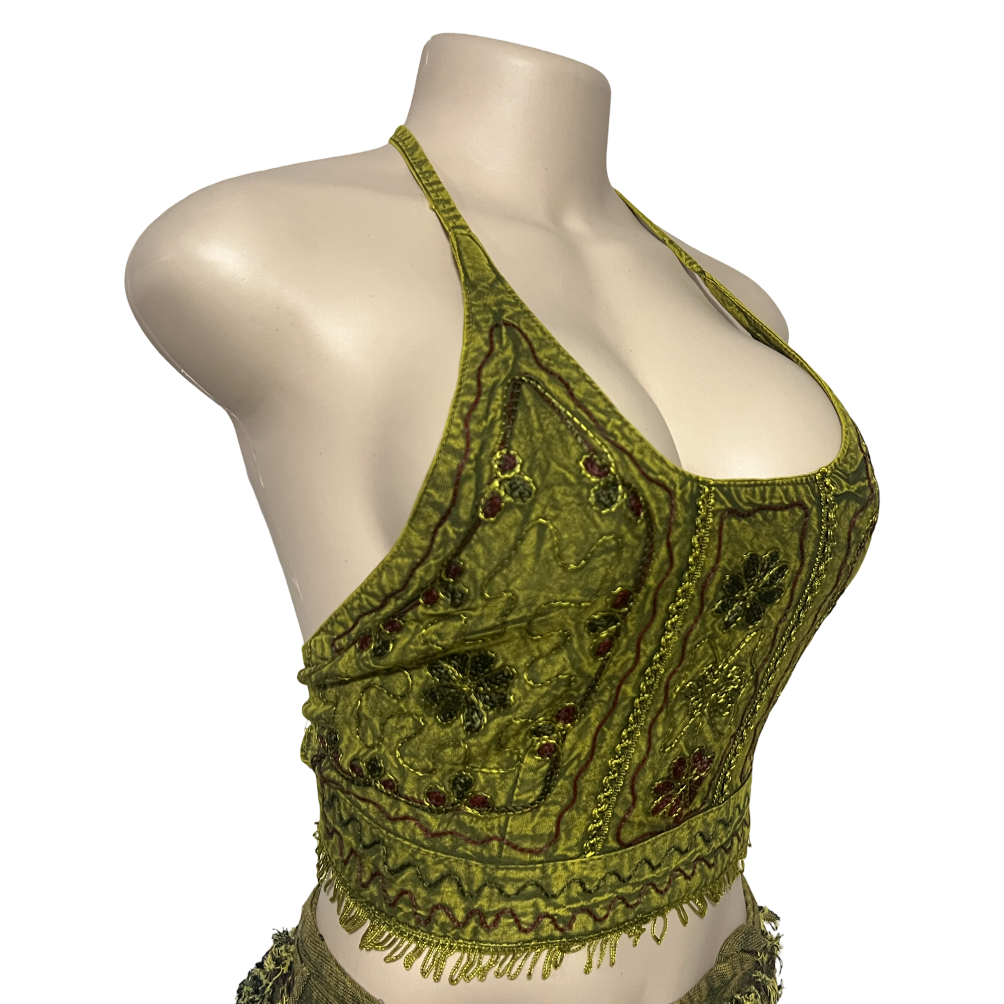 Tops - Embroidery Floral Halter Tops /Olives Green