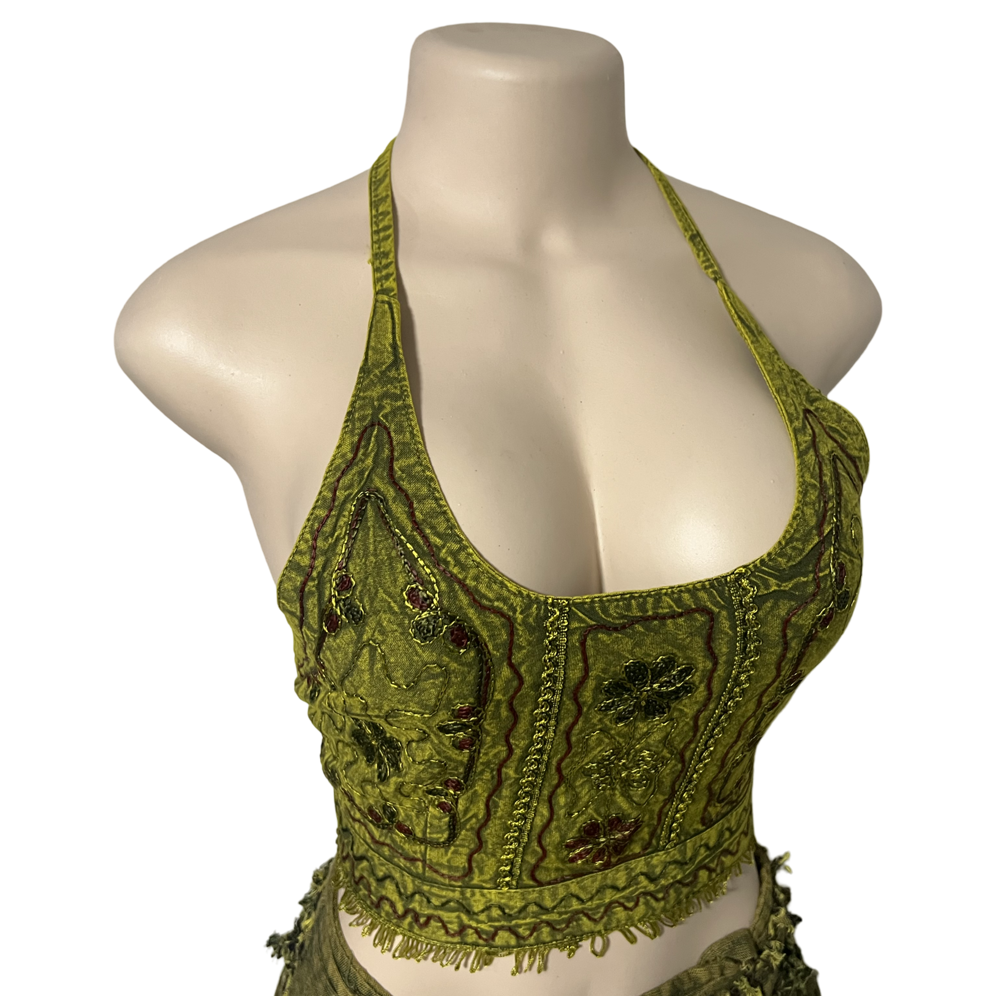 Tops - Embroidery Floral Halter Tops /Olives Green