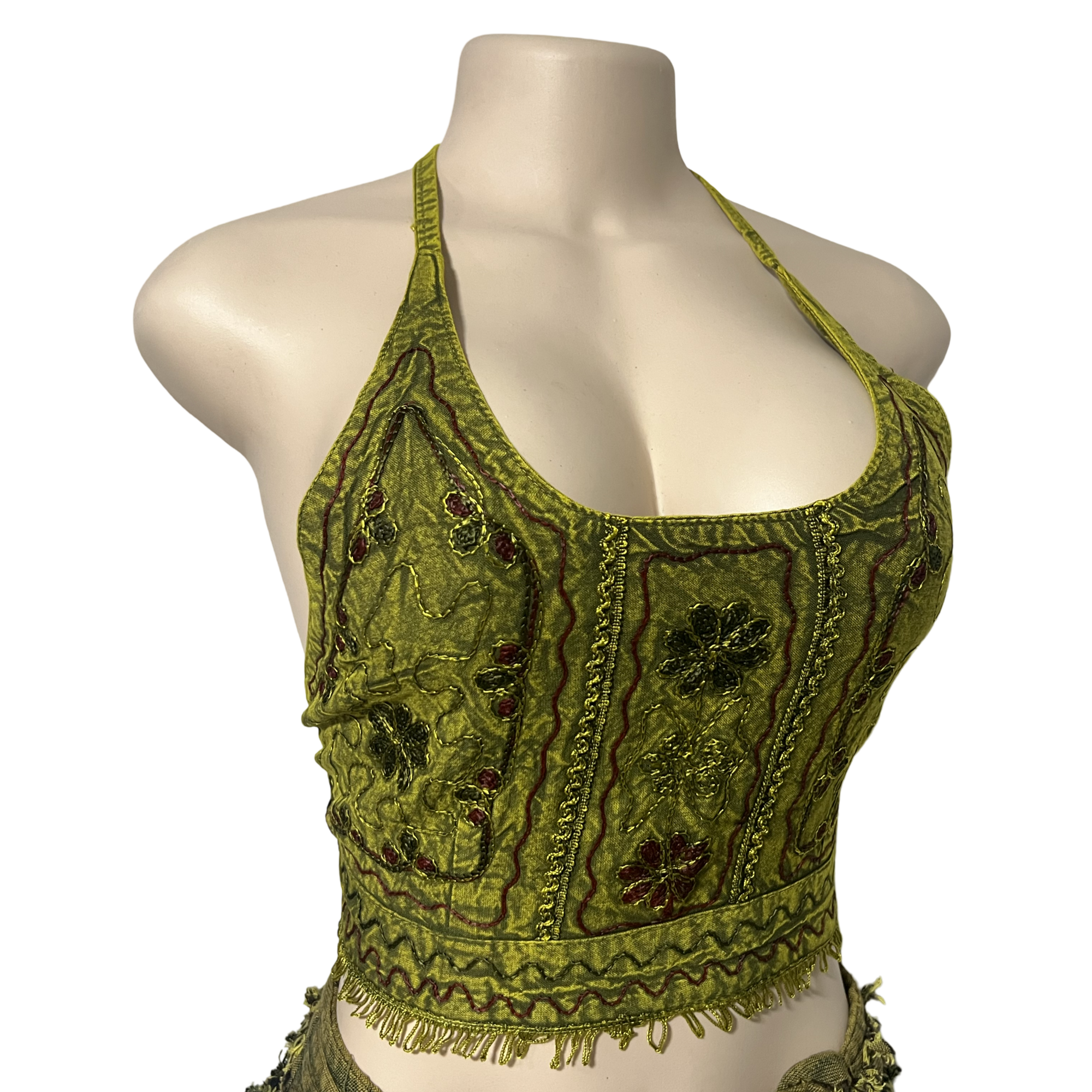 Tops - Embroidery Floral Halter Tops /Olives Green