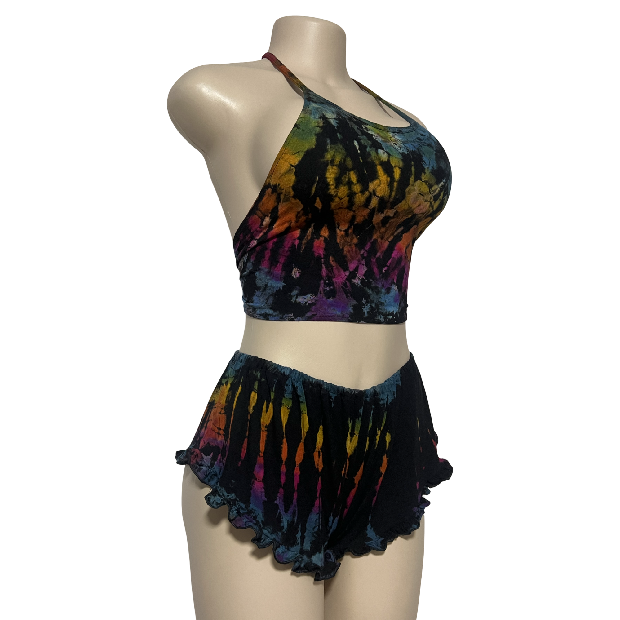 Black Rainbow Halter Neck Backless Tops & Ruffle Shorts