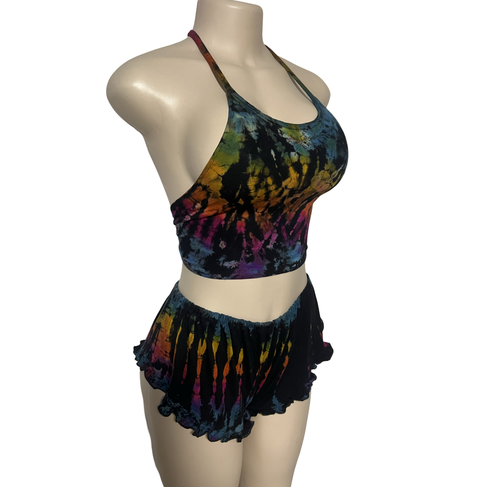 Black Rainbow Halter Neck Backless Tops & Ruffle Shorts