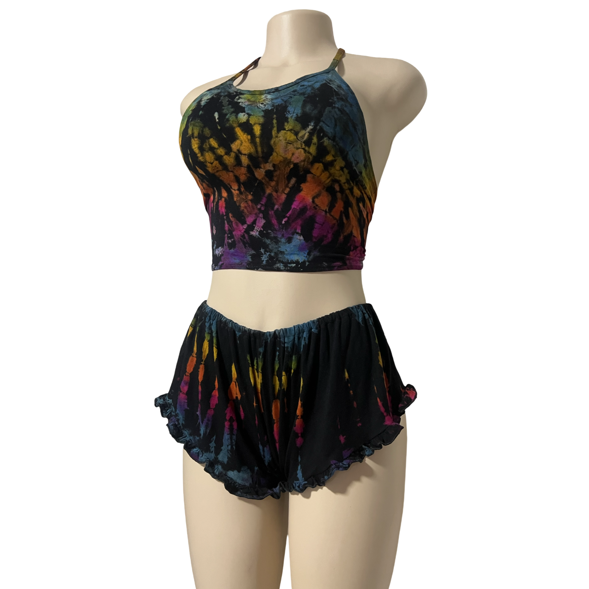 Black Rainbow Halter Neck Backless Tops & Ruffle Shorts