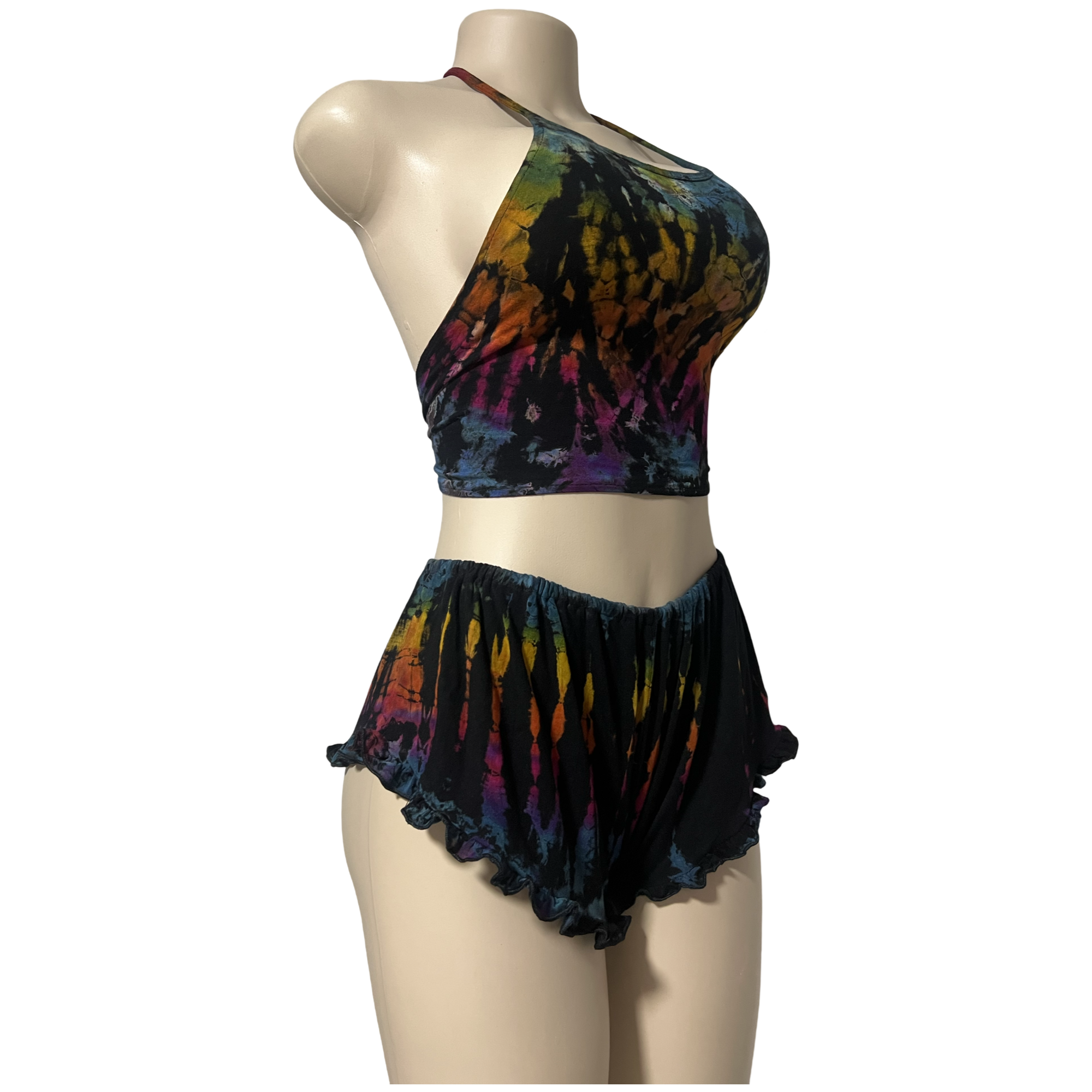 Black Rainbow Halter Neck Backless Tops & Ruffle Shorts