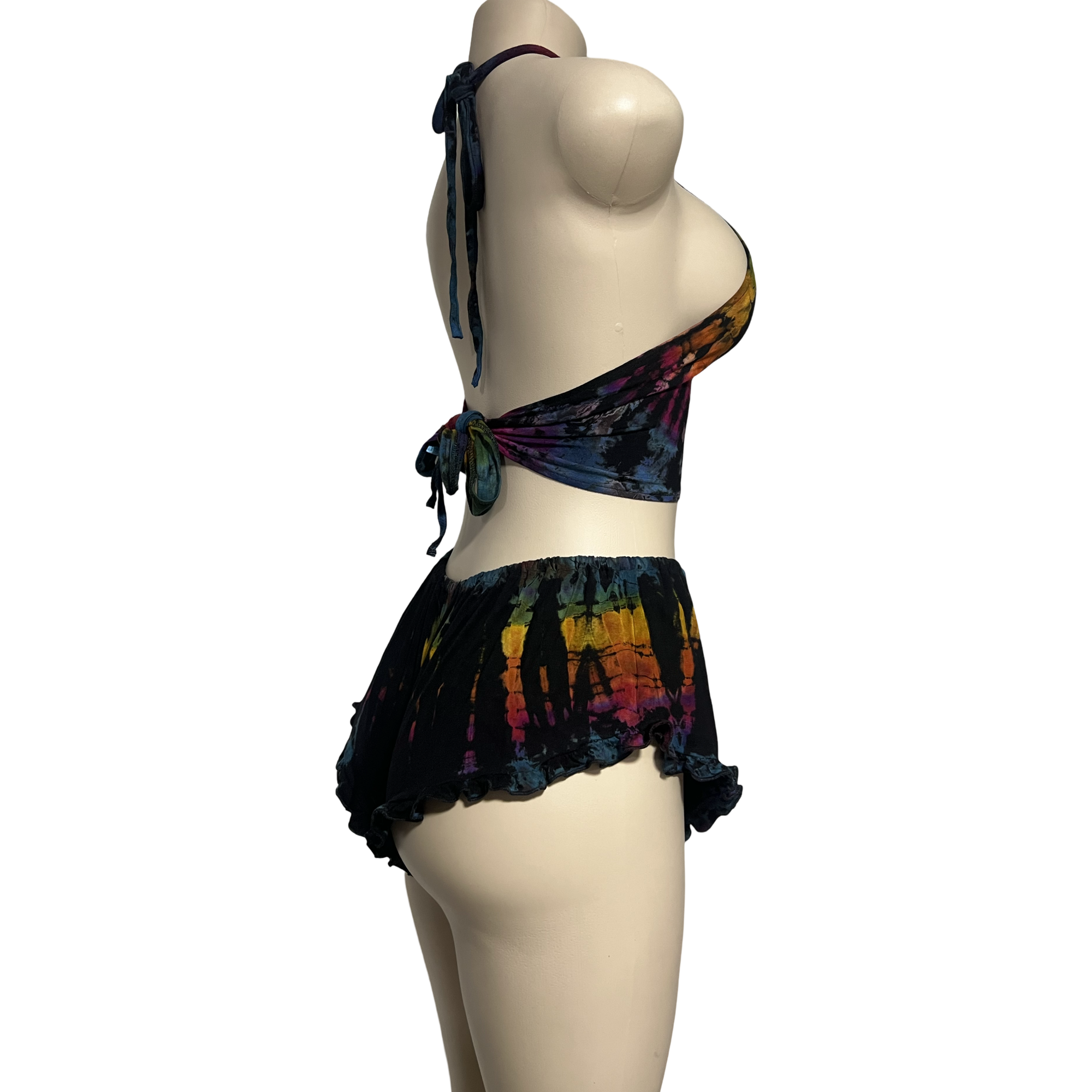 Black Rainbow Halter Neck Backless Tops & Ruffle Shorts