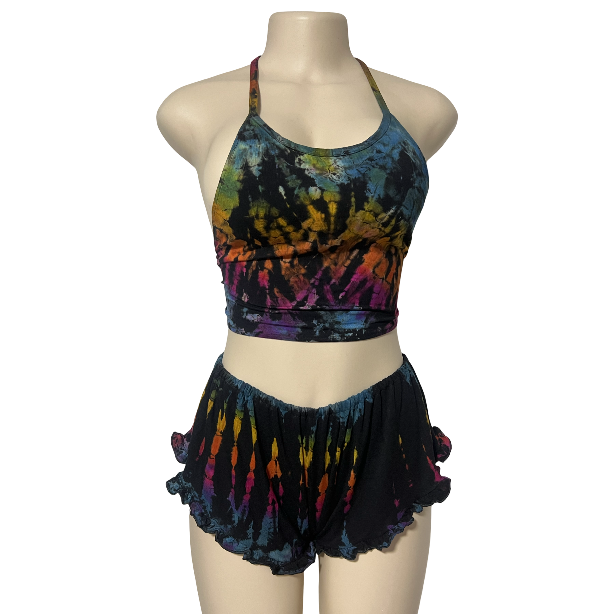 Black Rainbow Halter Neck Backless Tops & Ruffle Shorts