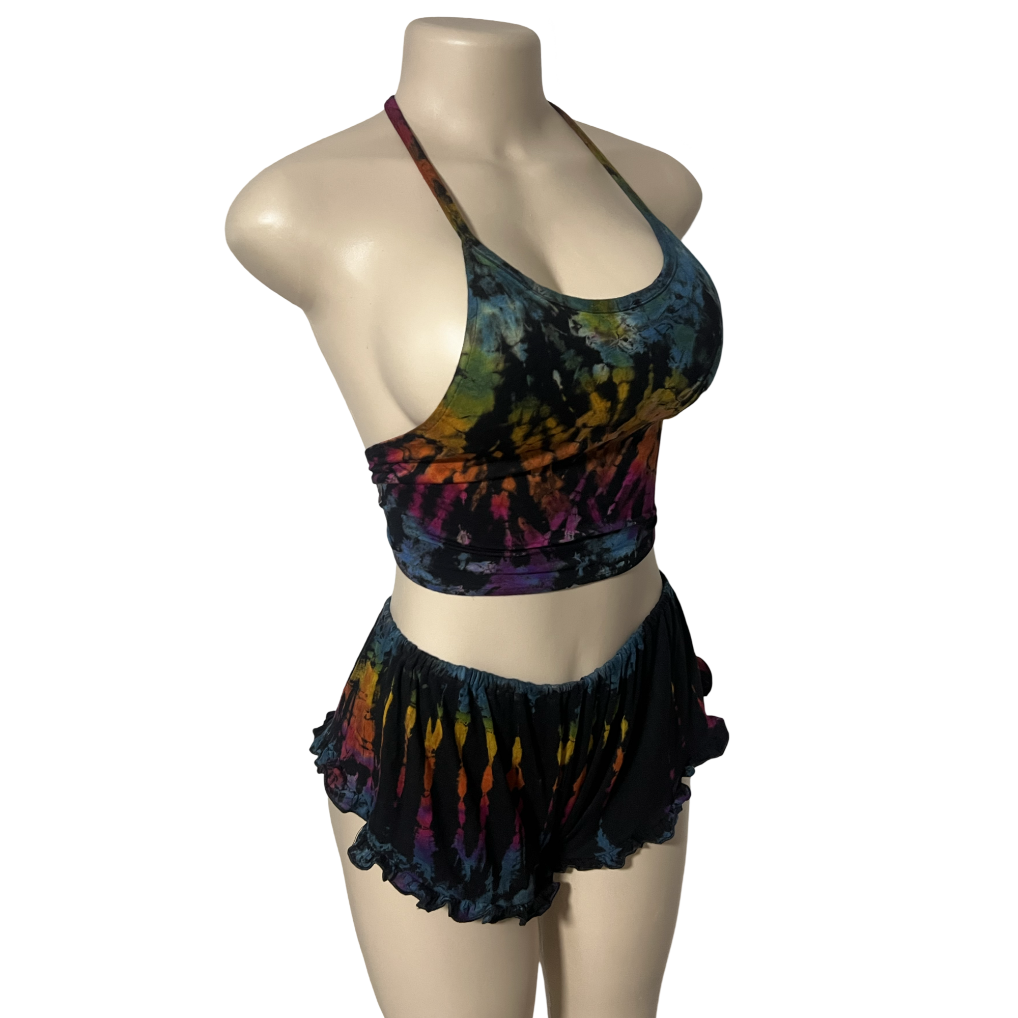 Black Rainbow Halter Neck Backless Tops & Ruffle Shorts