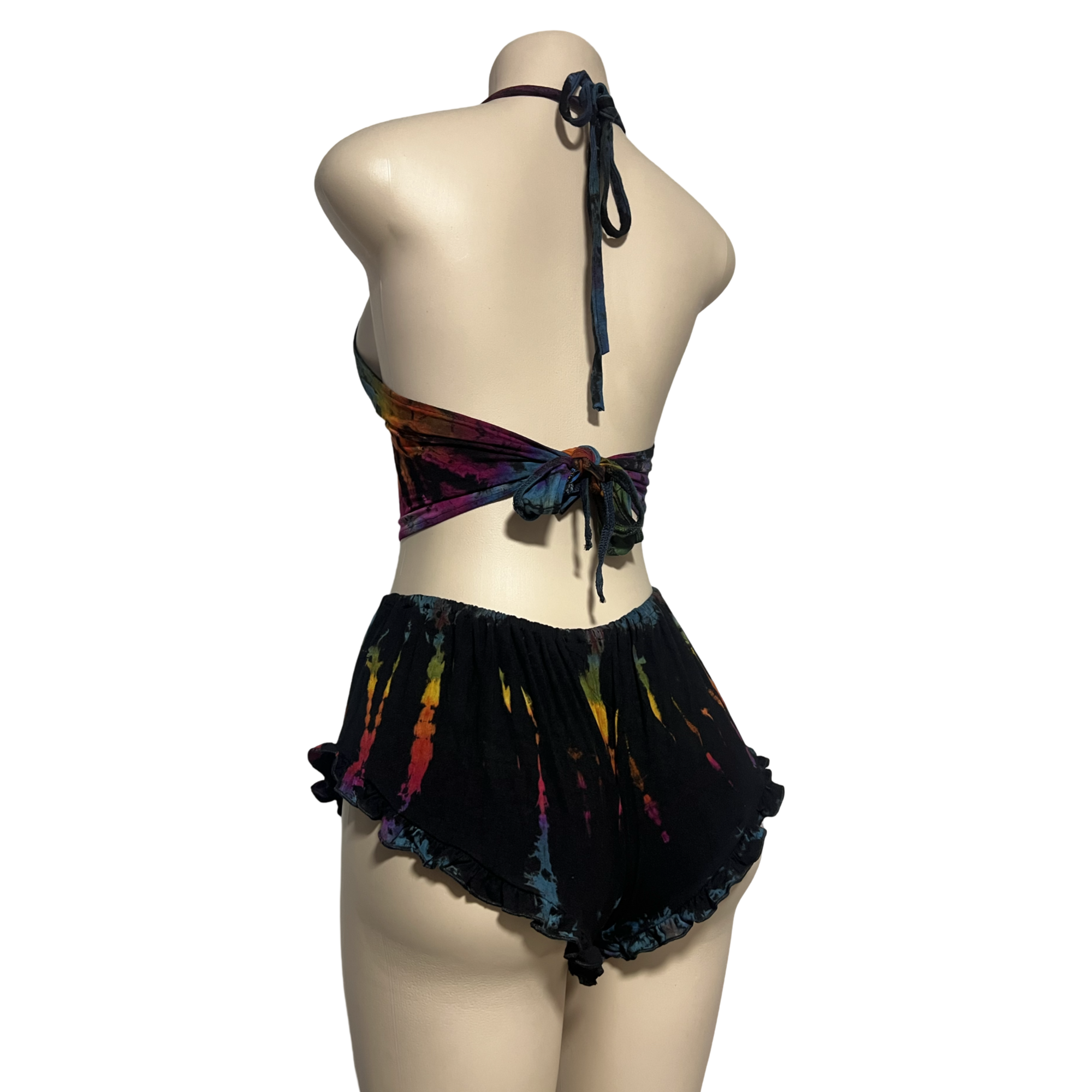 Black Rainbow Halter Neck Backless Tops & Ruffle Shorts