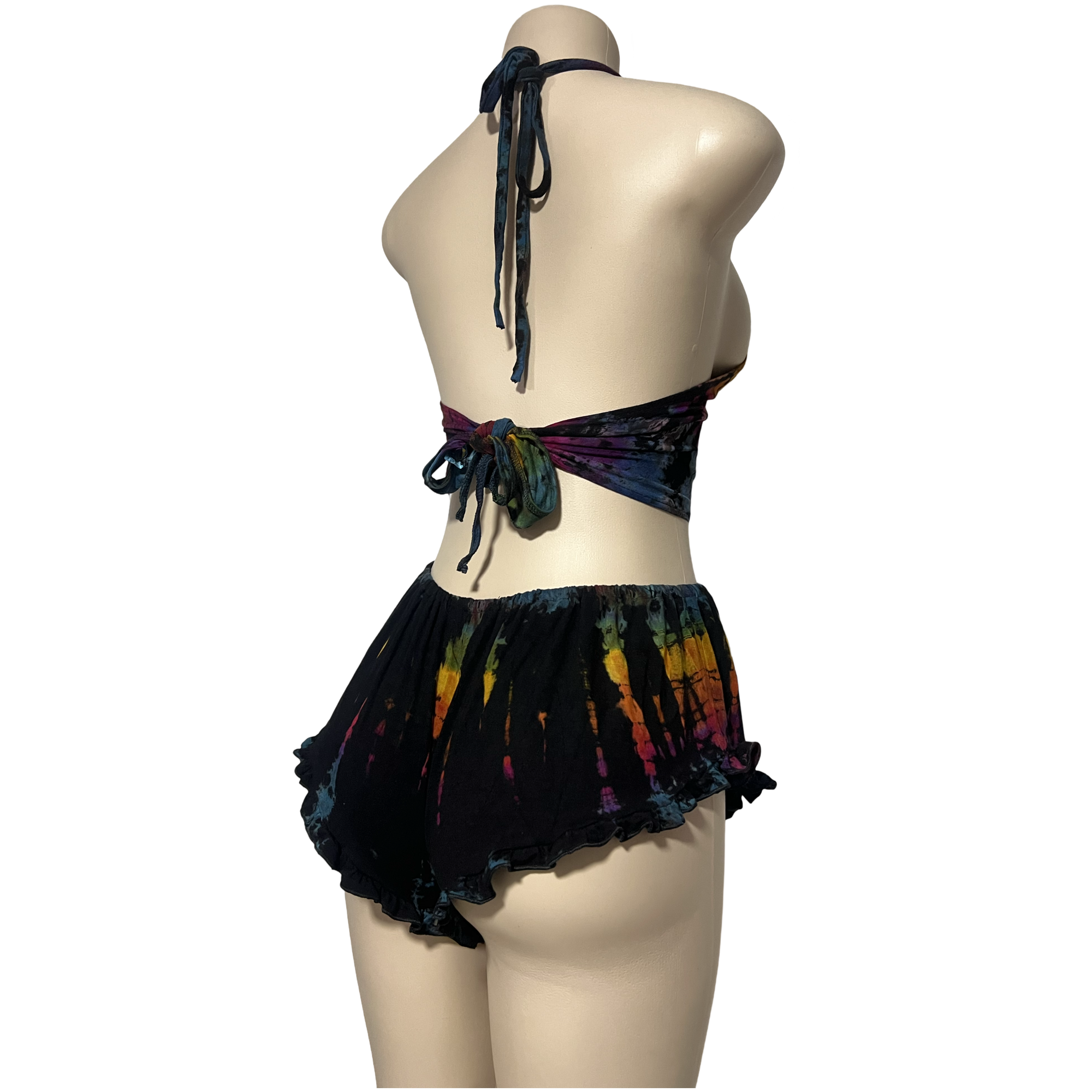 Black Rainbow Halter Neck Backless Tops & Ruffle Shorts