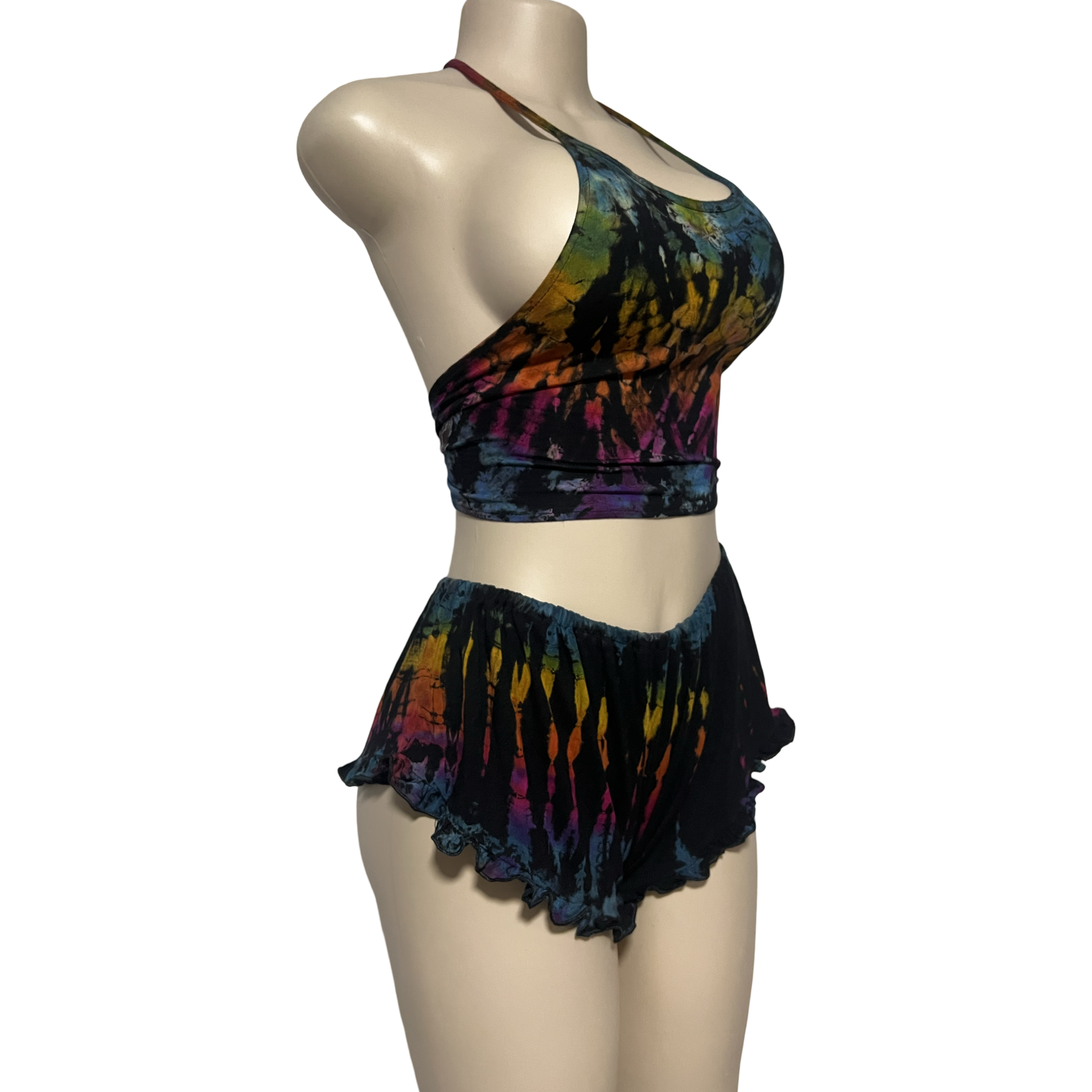 Black Rainbow Halter Neck Backless Tops & Ruffle Shorts