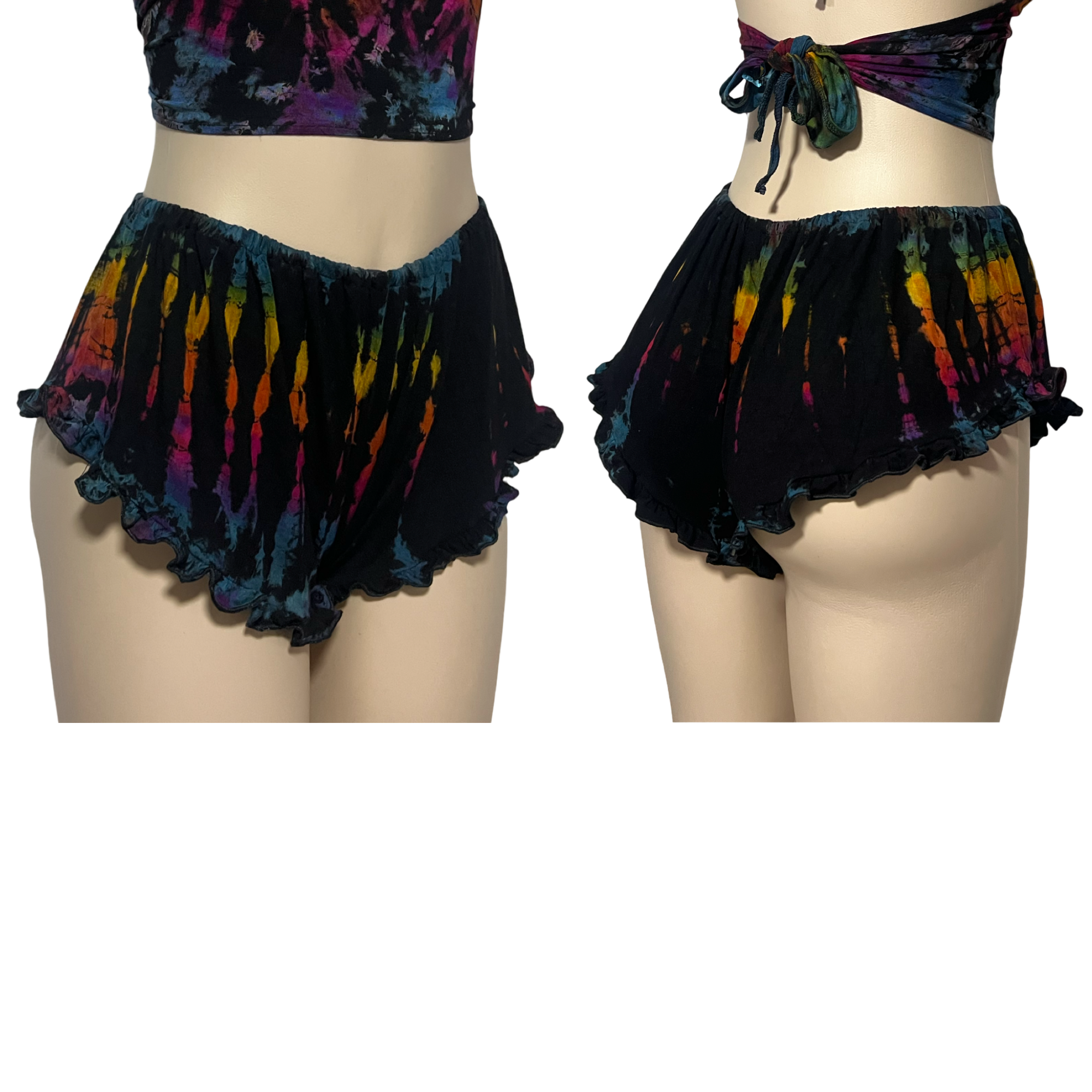 Black Rainbow Halter Neck Backless Tops & Ruffle Shorts