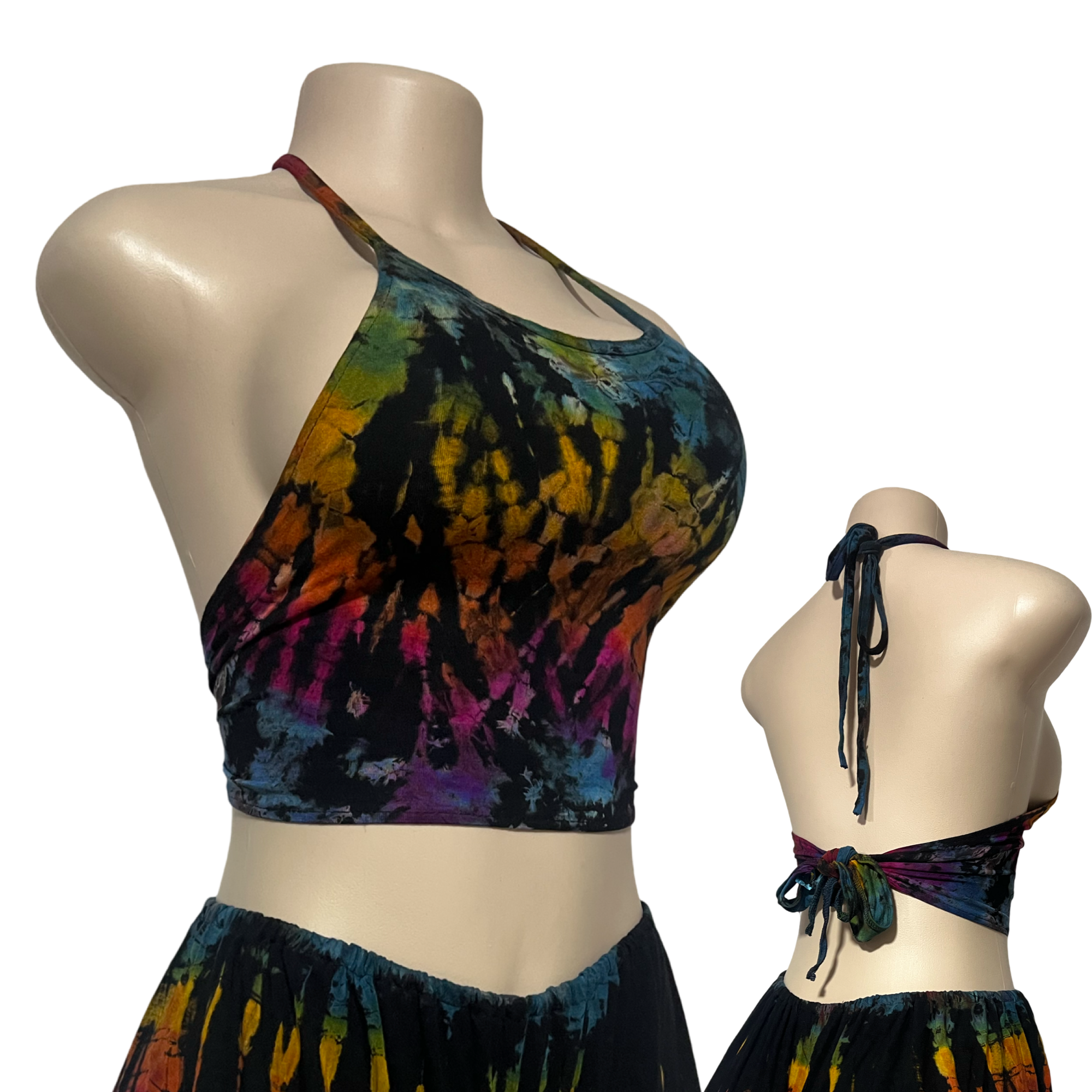 Black Rainbow Halter Neck Backless Tops & Ruffle Shorts