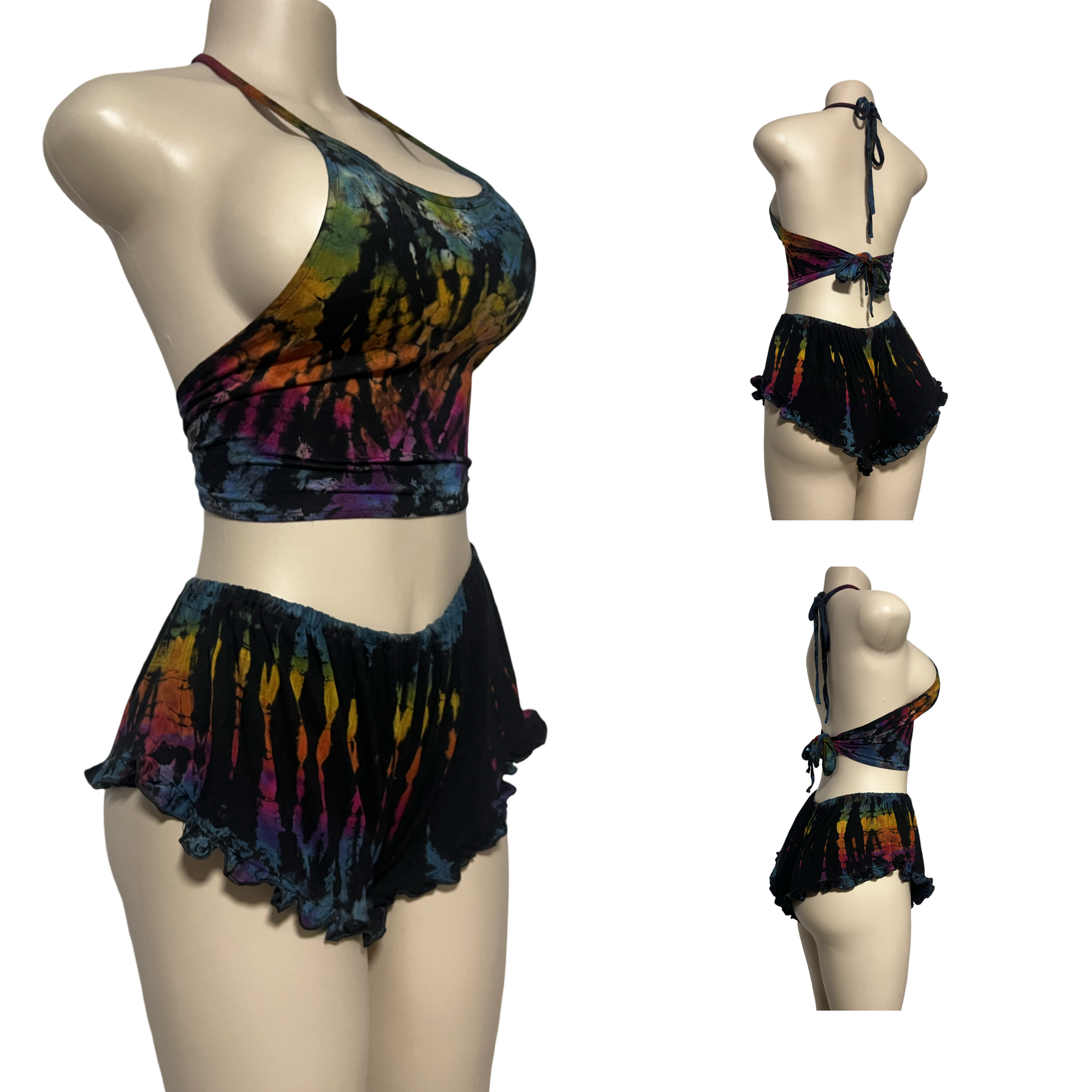 Black Rainbow Halter Neck Backless Tops & Ruffle Shorts