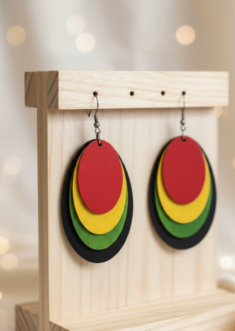 Rasta Layered Wooden Oval Earrings