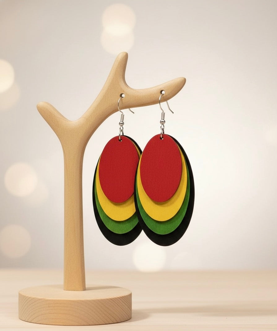 Rasta Layered Wooden Oval Earrings
