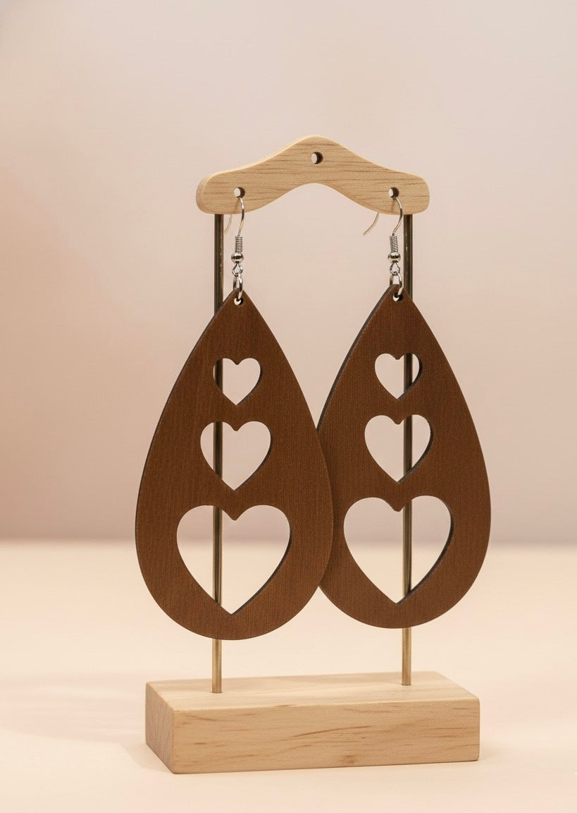 Wooden Teardrop Heart Cut-Out Earrings