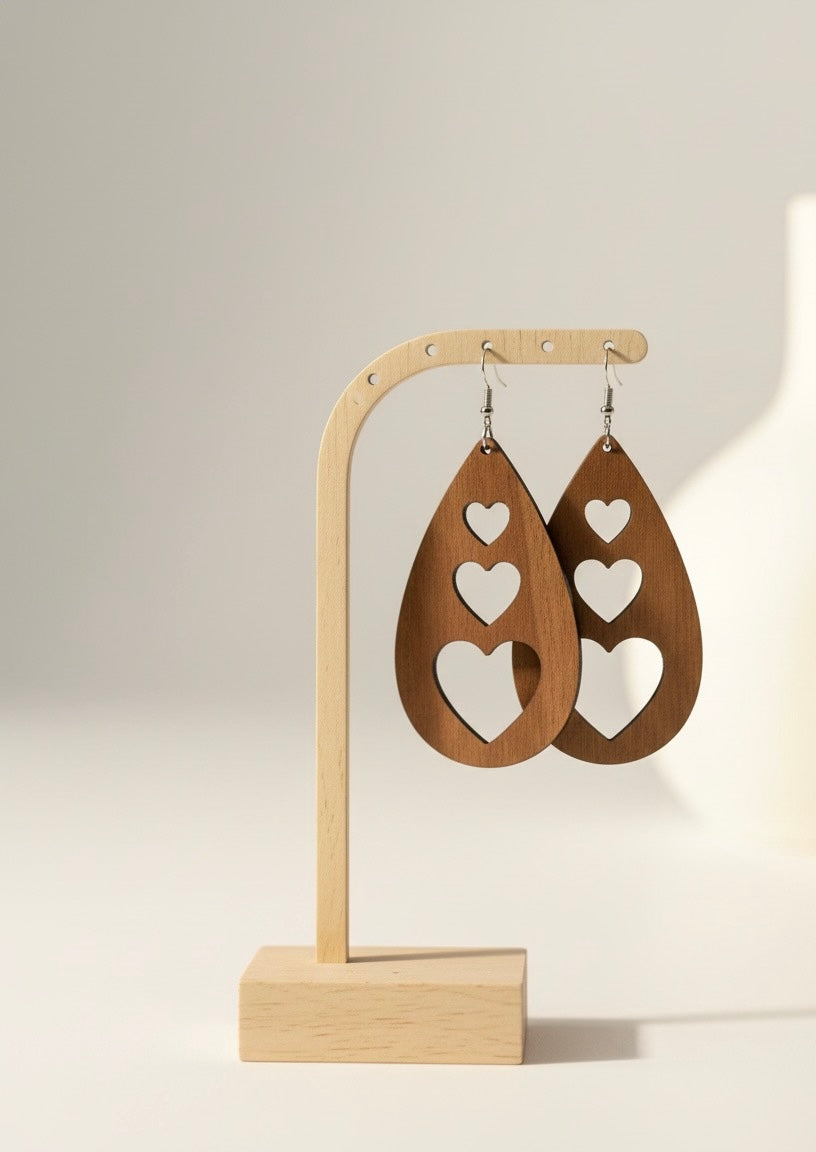 Wooden Teardrop Heart Cut-Out Earrings