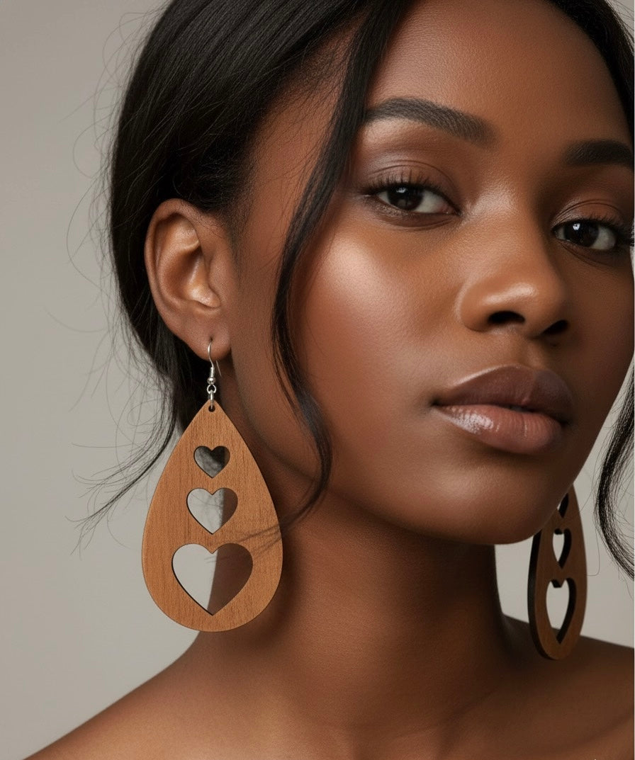 Wooden Teardrop Heart Cut-Out Earrings
