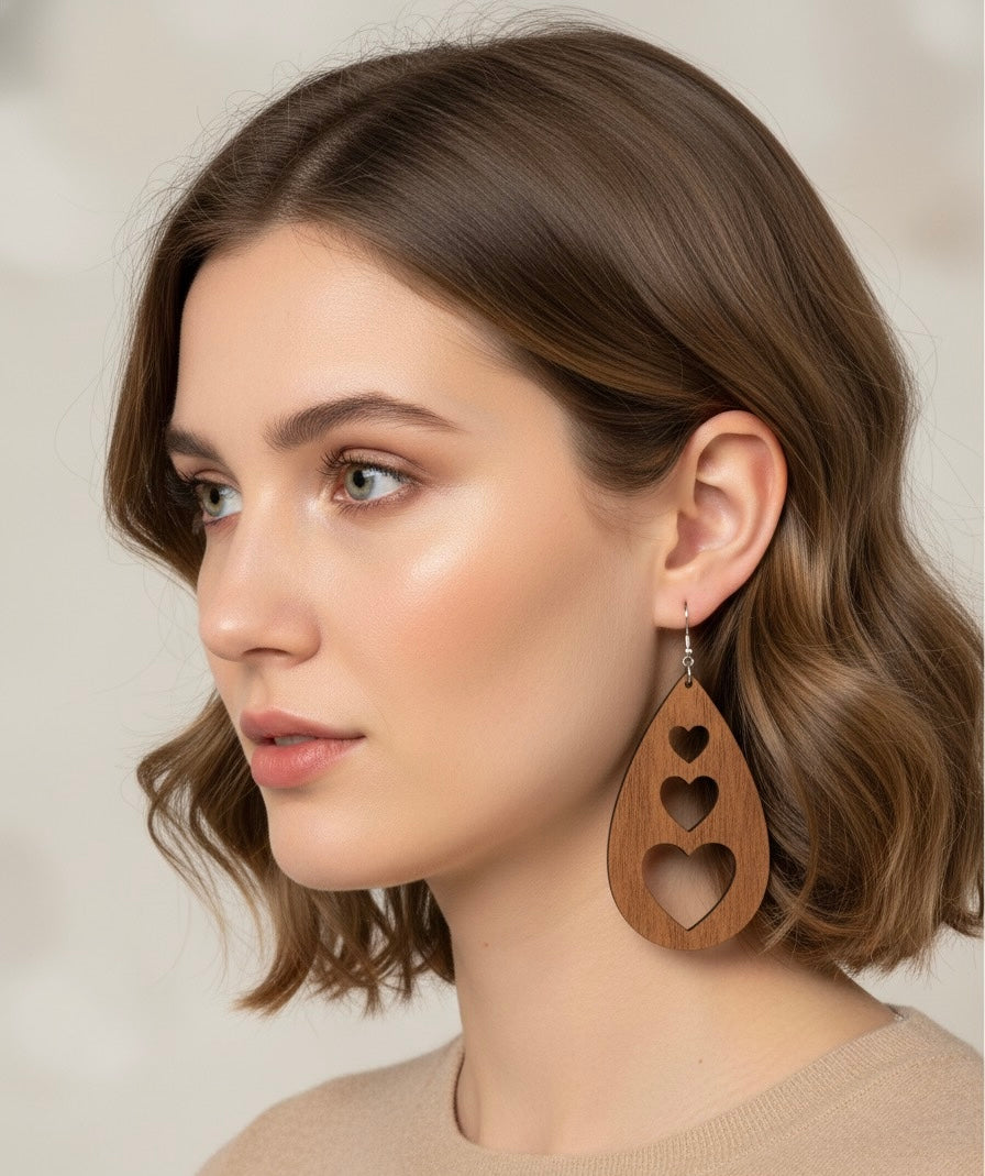 Wooden Teardrop Heart Cut-Out Earrings