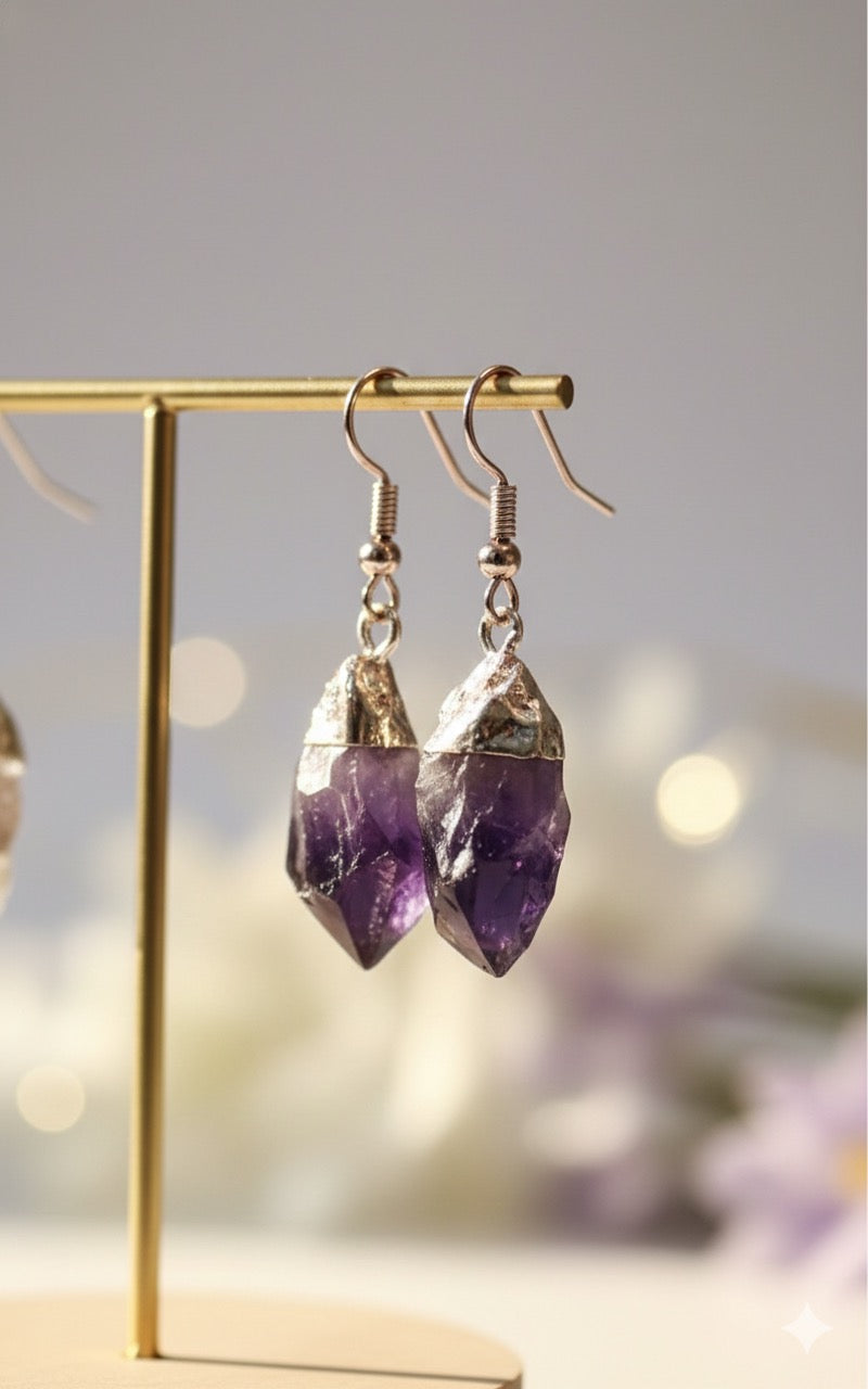 Raw Amethyst Crystal Drop Earrings – Natural Stone