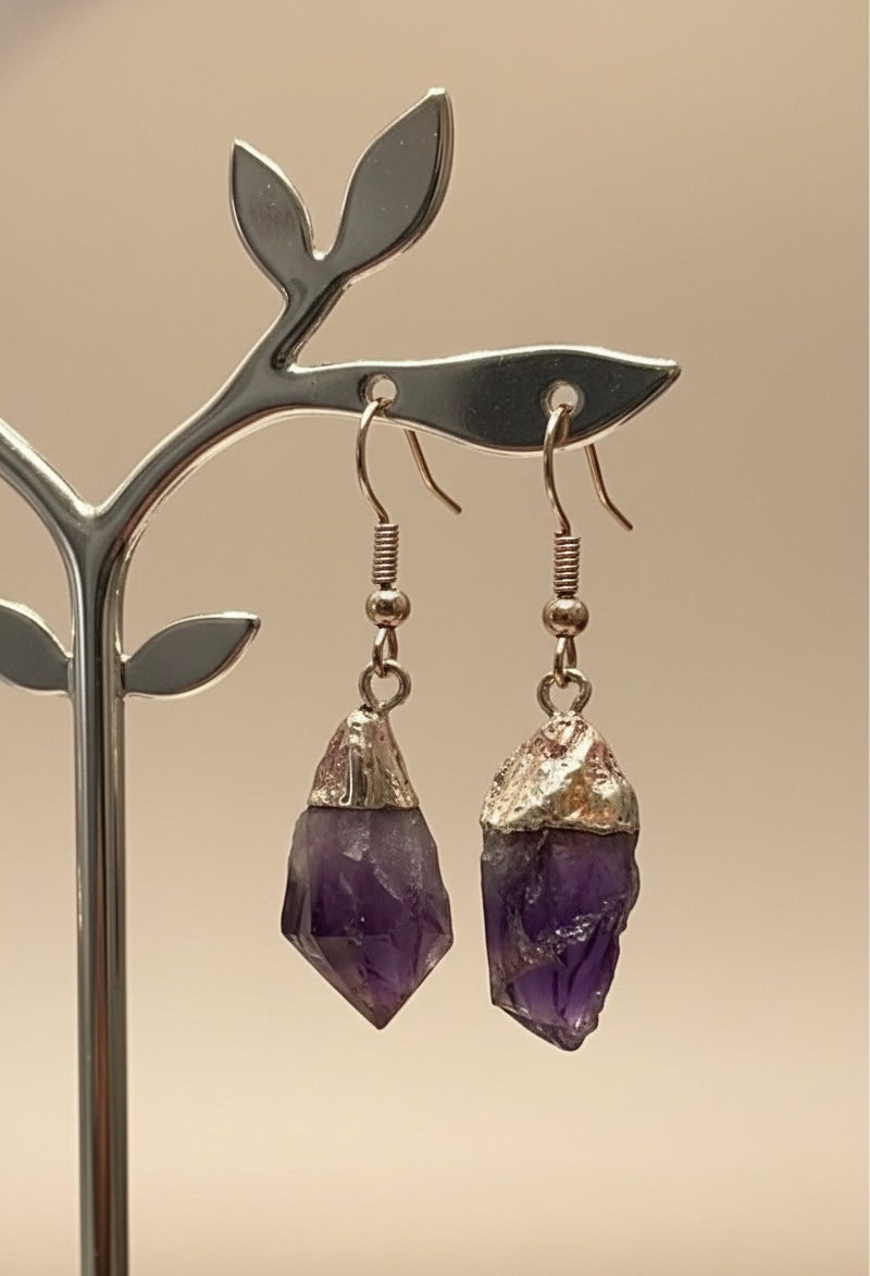 Raw Amethyst Crystal Drop Earrings – Natural Stone