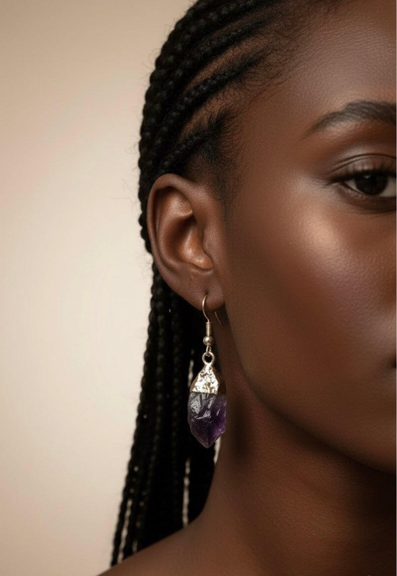 Raw Amethyst Crystal Drop Earrings – Natural Stone