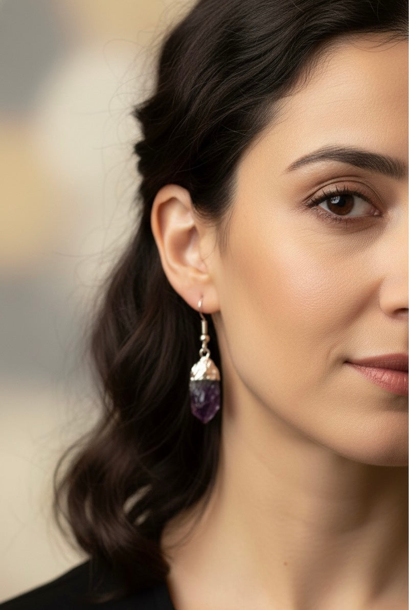 Raw Amethyst Crystal Drop Earrings – Natural Stone