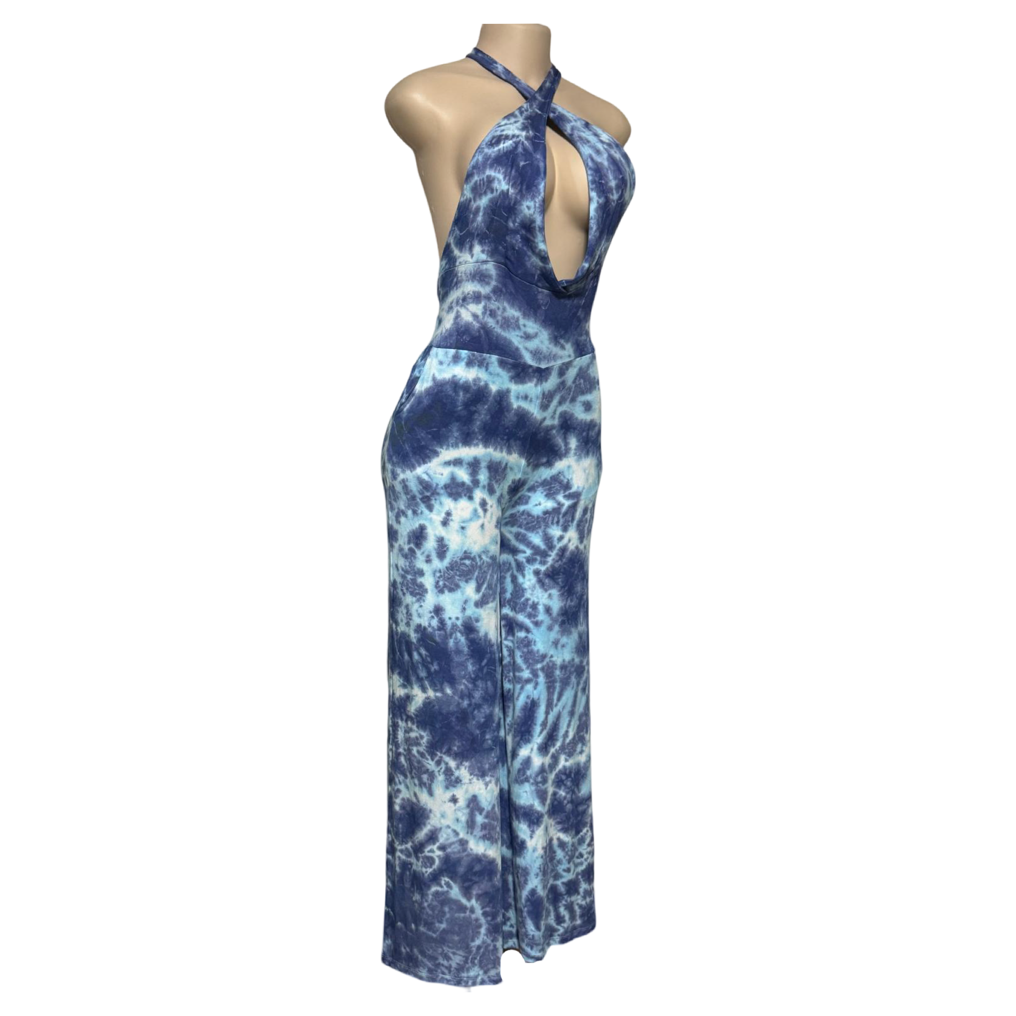 Jumpsuit - Tie Dye Wide Leg Jumper w/Deep V Halter