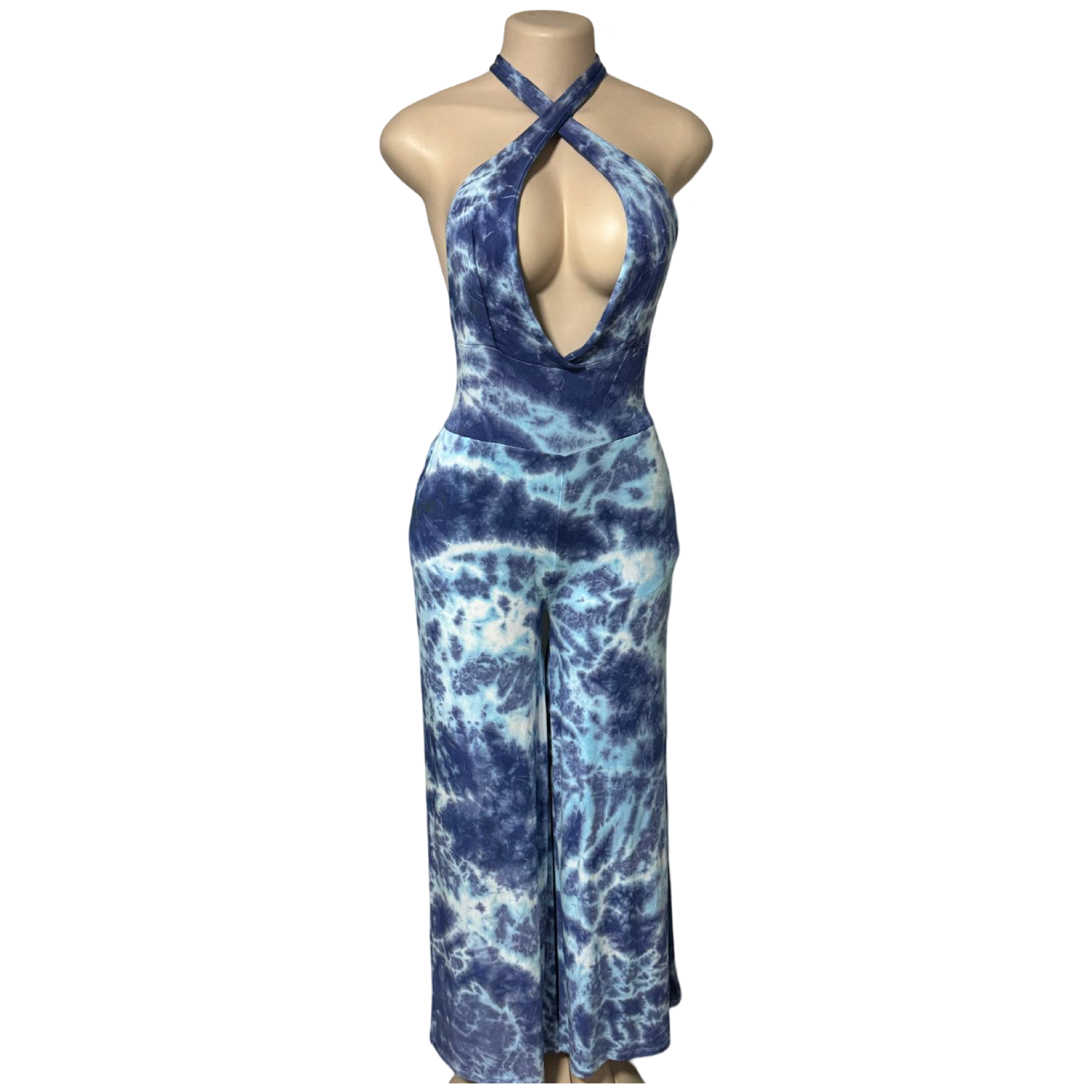 Jumpsuit - Tie Dye Wide Leg Jumper w/Deep V Halter