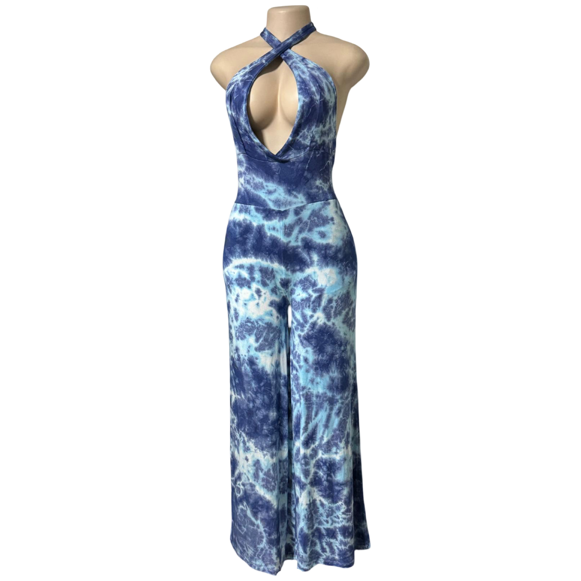 Jumpsuit - Tie Dye Wide Leg Jumper w/Deep V Halter