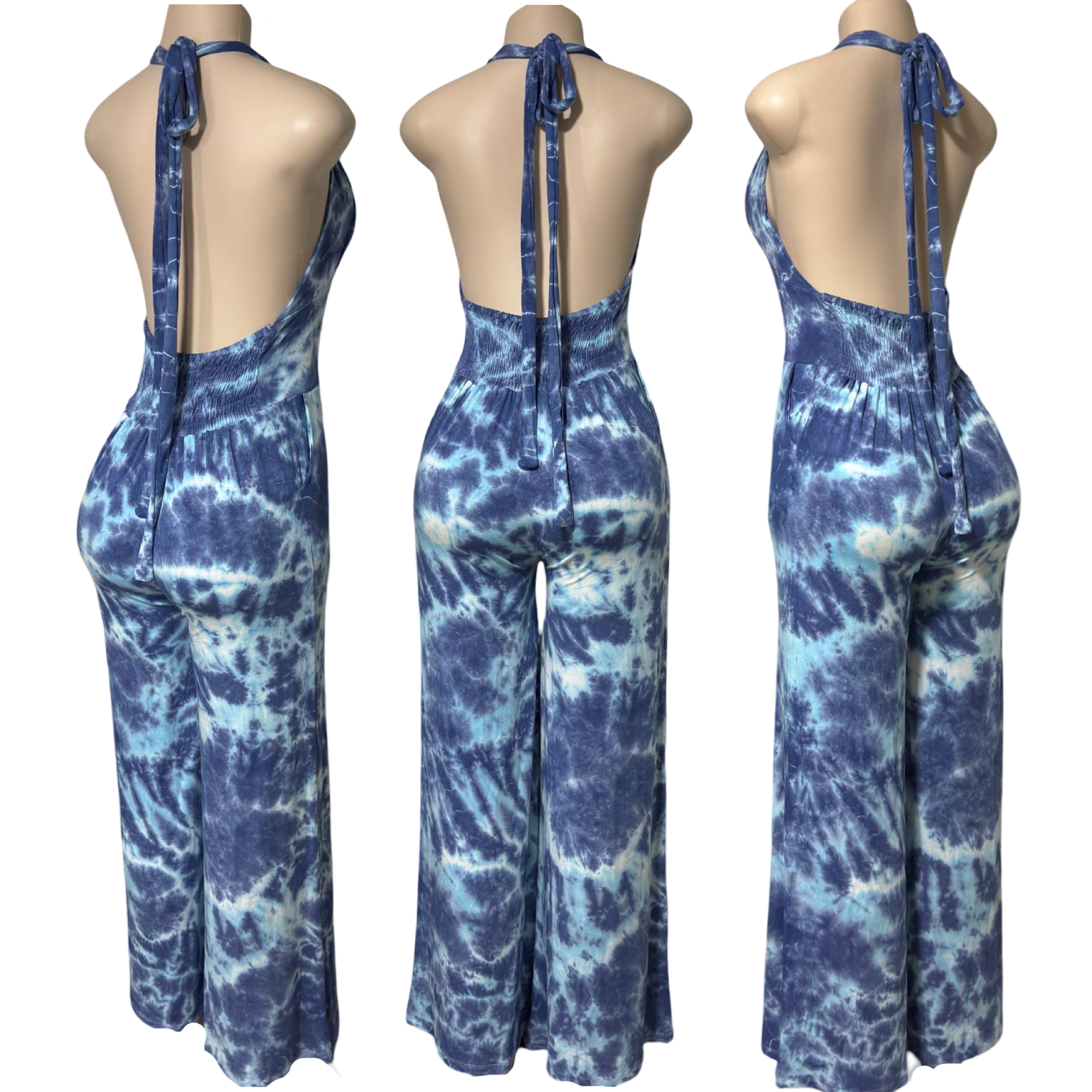 Jumpsuit - Tie Dye Wide Leg Jumper w/Deep V Halter