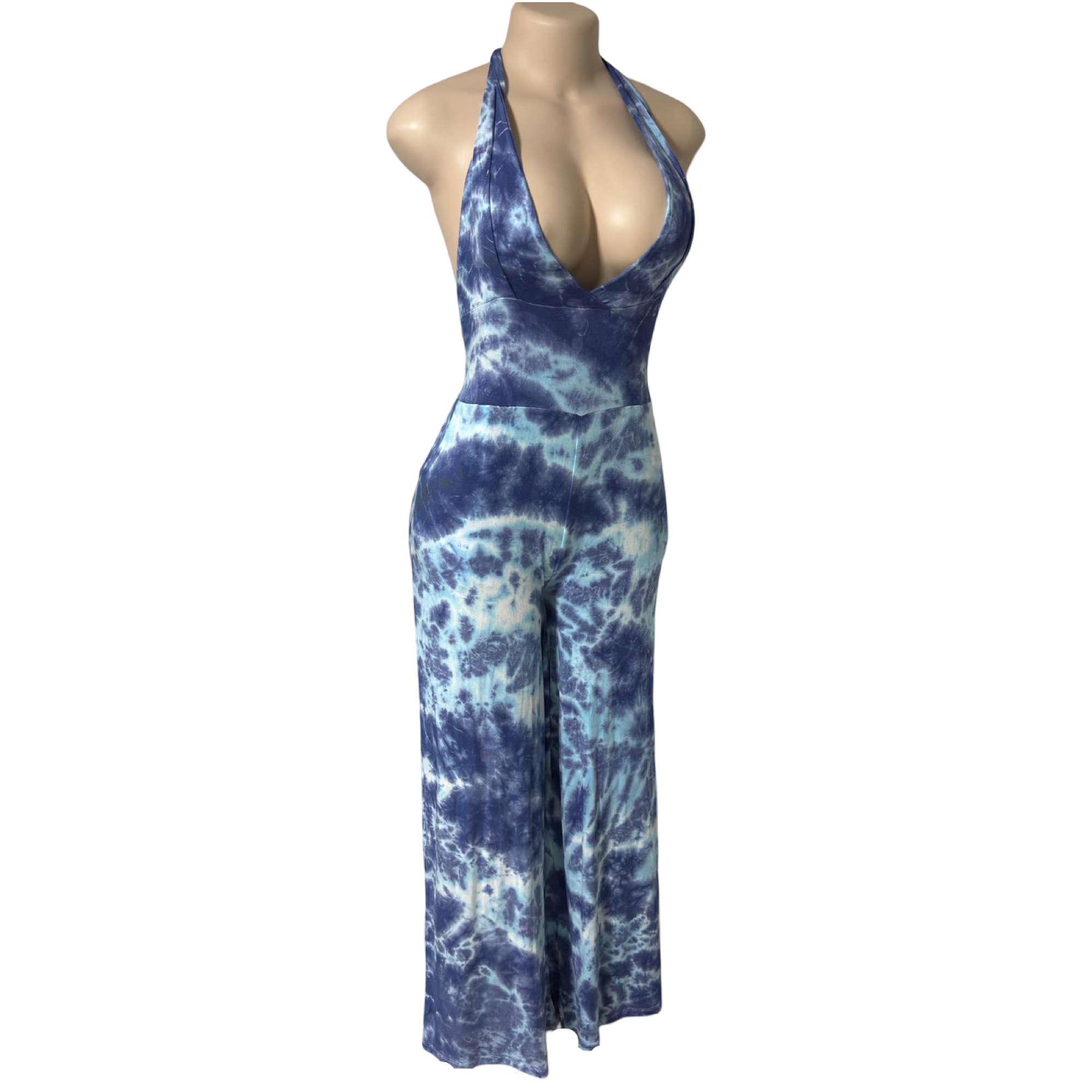 Jumpsuit - Tie Dye Wide Leg Jumper w/Deep V Halter