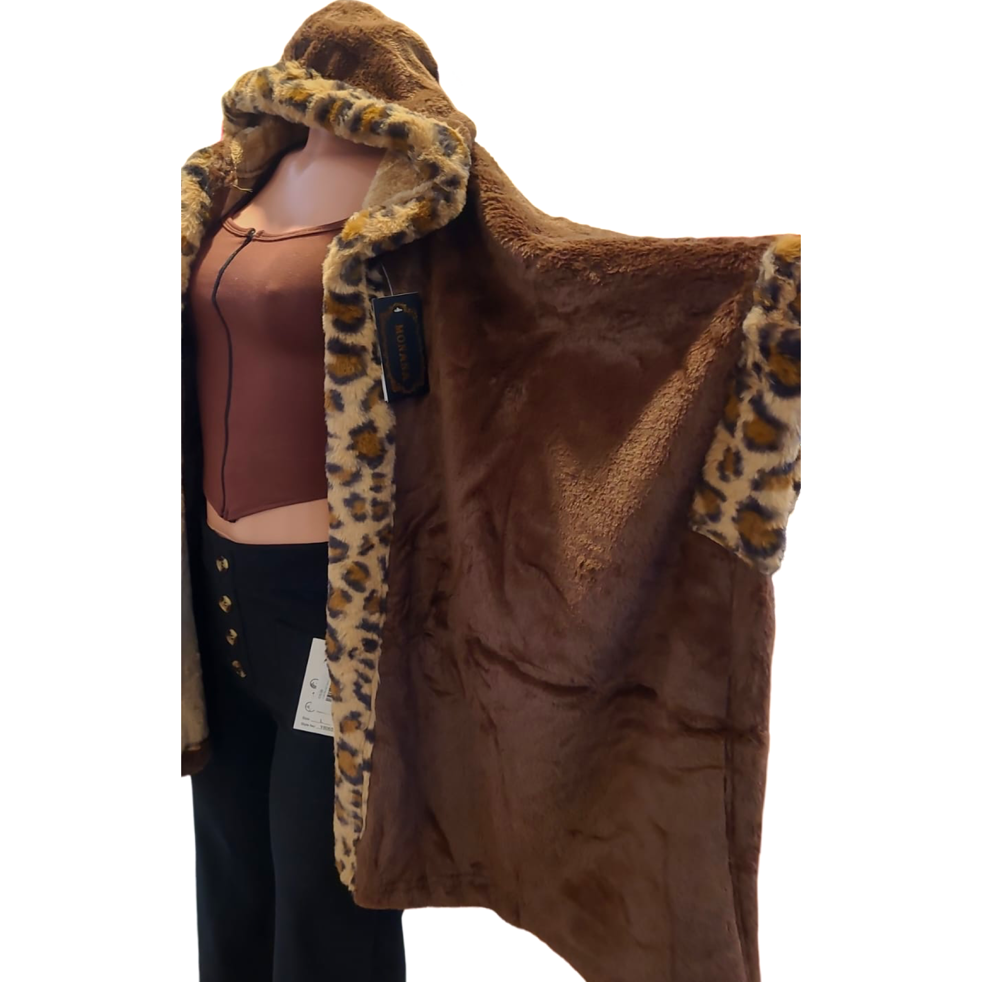 Coat - Faux Fur Leopard Coat w/Hoodies (Brown)