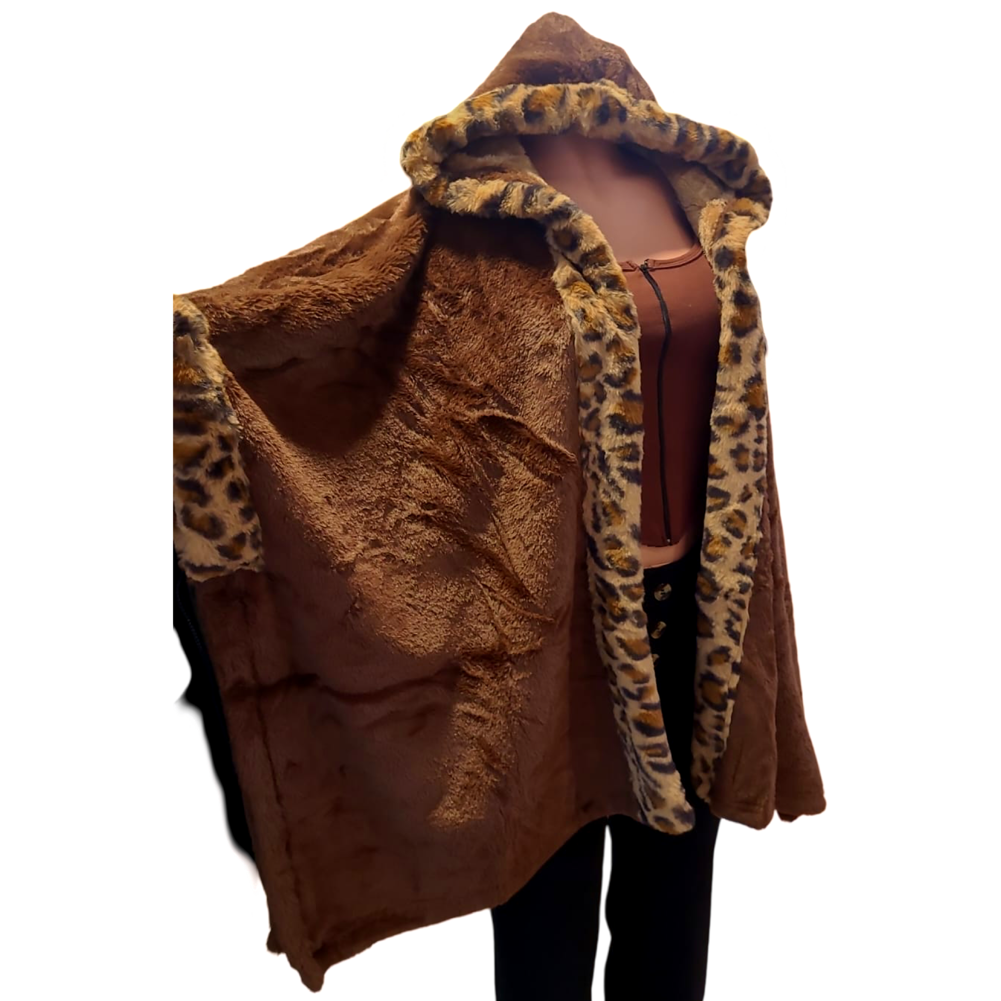 Coat - Faux Fur Leopard Coat w/Hoodies (Brown)