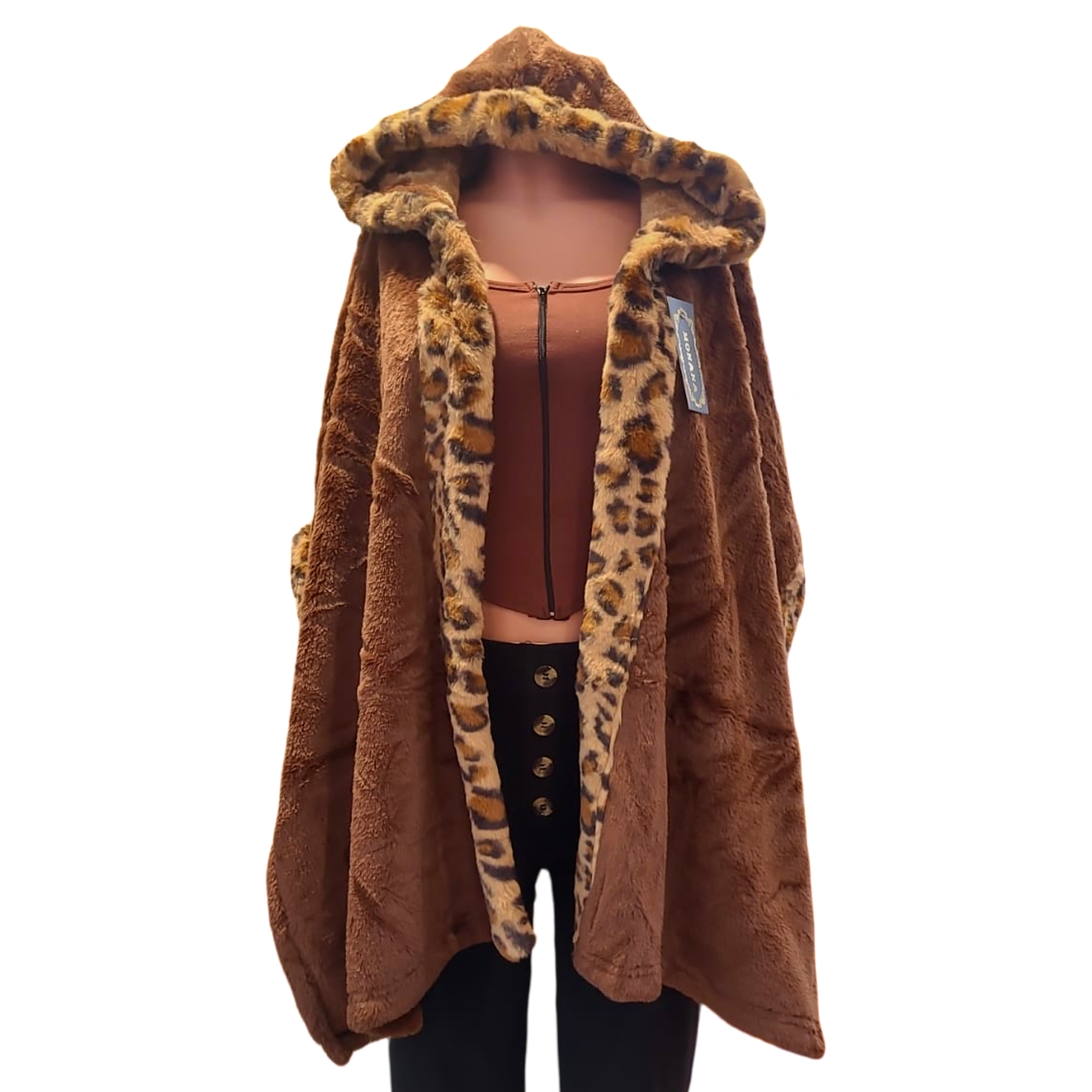 Coat - Faux Fur Leopard Coat w/Hoodies (Brown)