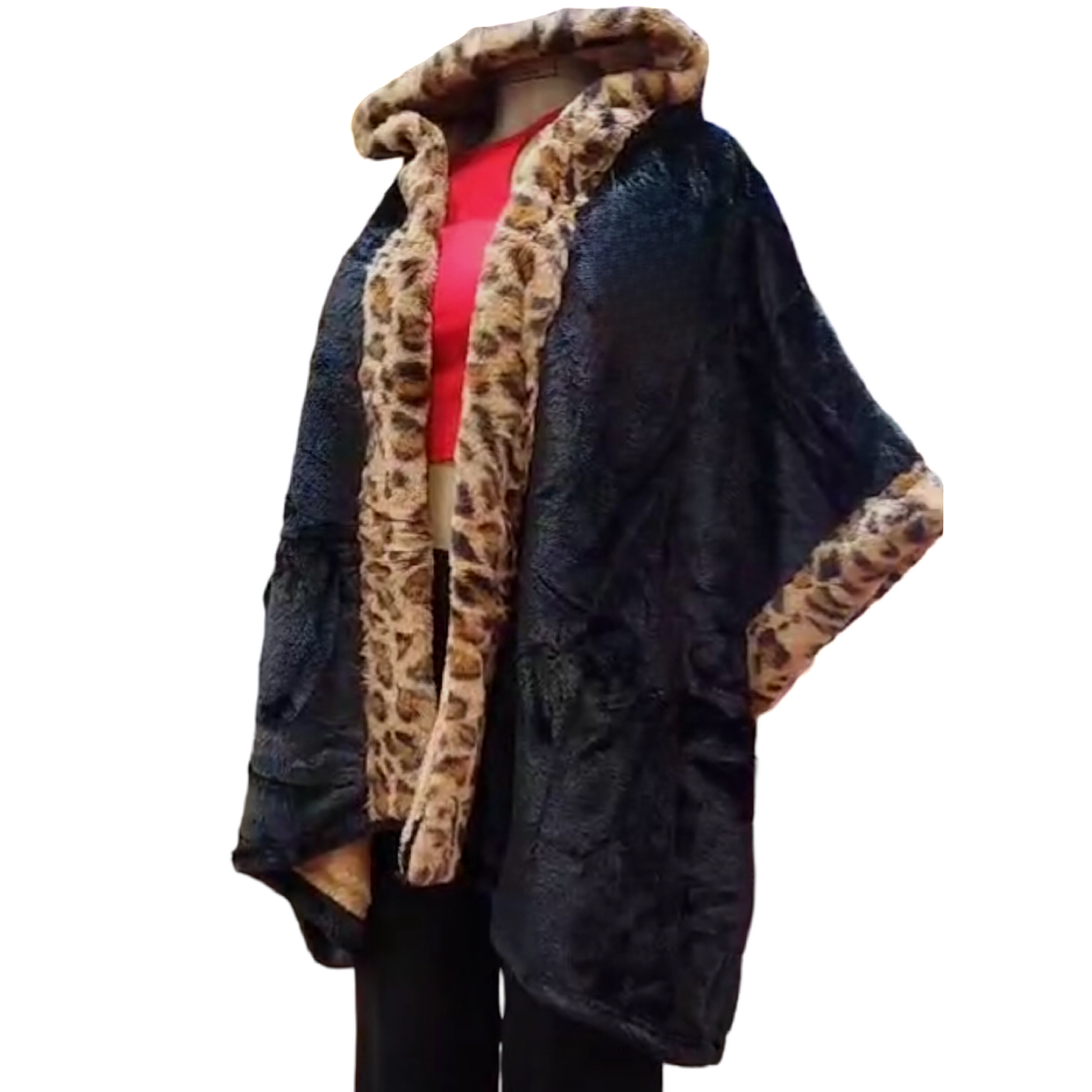 Coat - Faux Fur Leopard Coat(Black) w/Hoodies