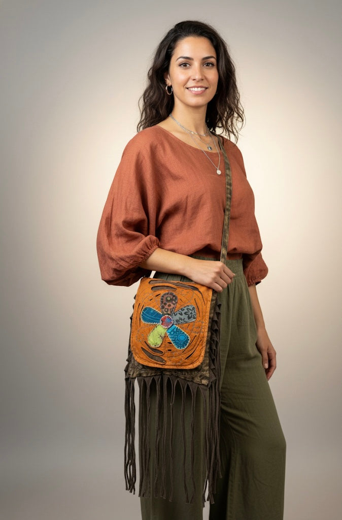 Bag - Orange Bohemian Fringe Bag w/Floral