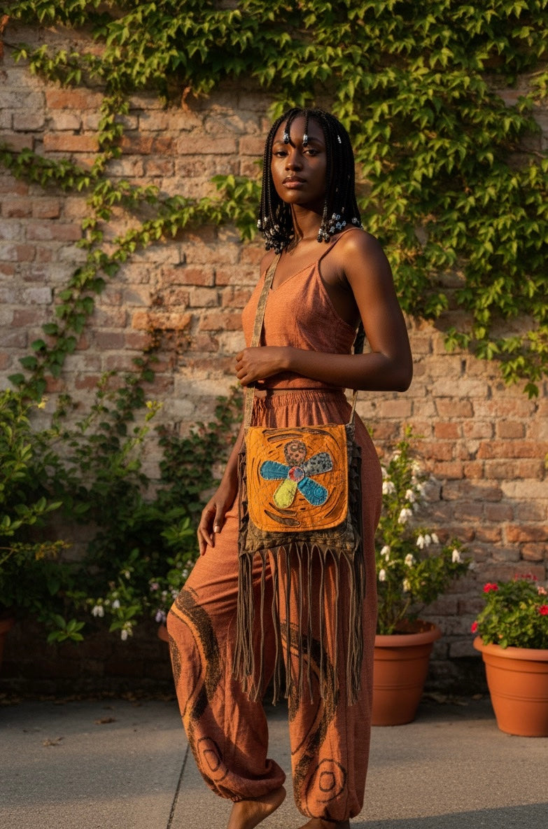 Bag - Orange Bohemian Fringe Bag w/Floral
