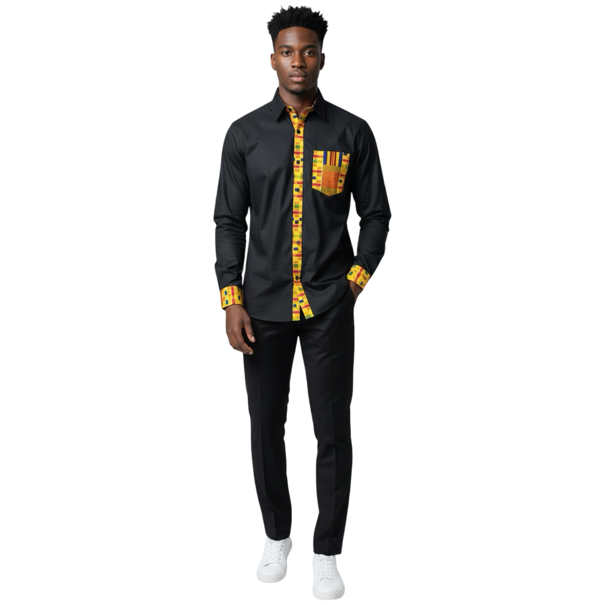 African Trim Botton Down Shirt-Black