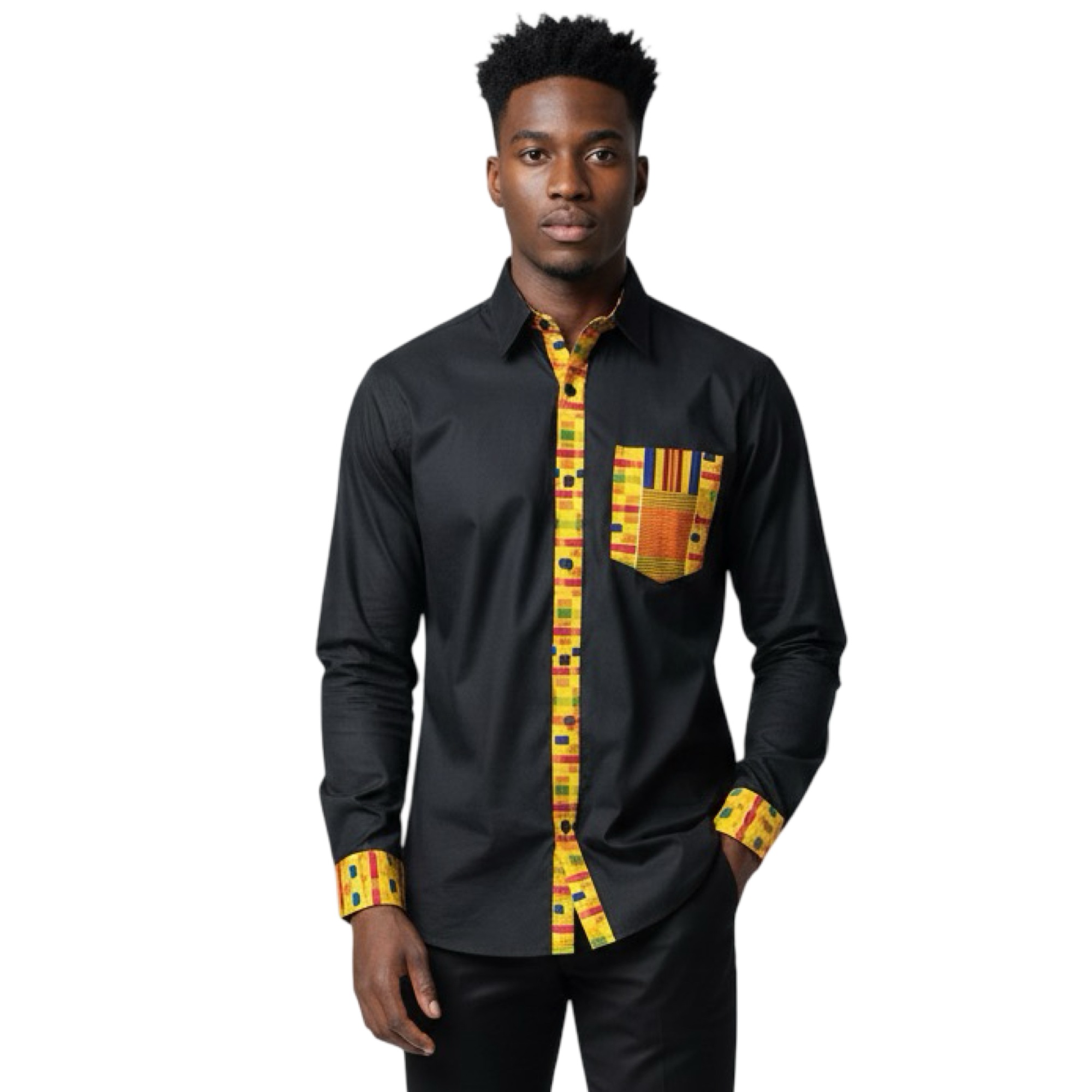African Trim Botton Down Shirt-Black