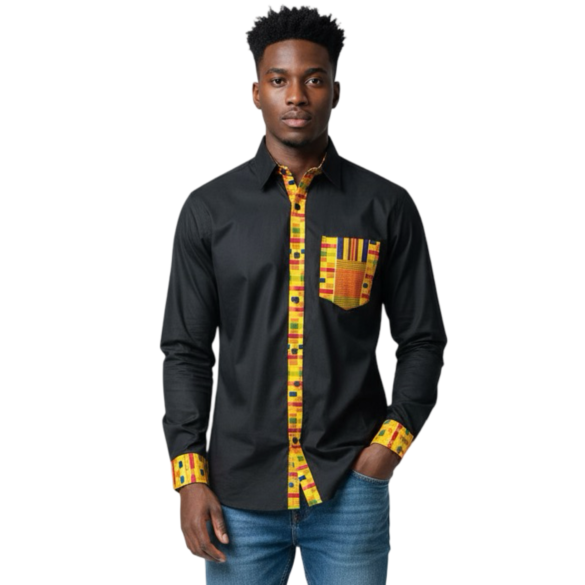 African Trim Botton Down Shirt-Black