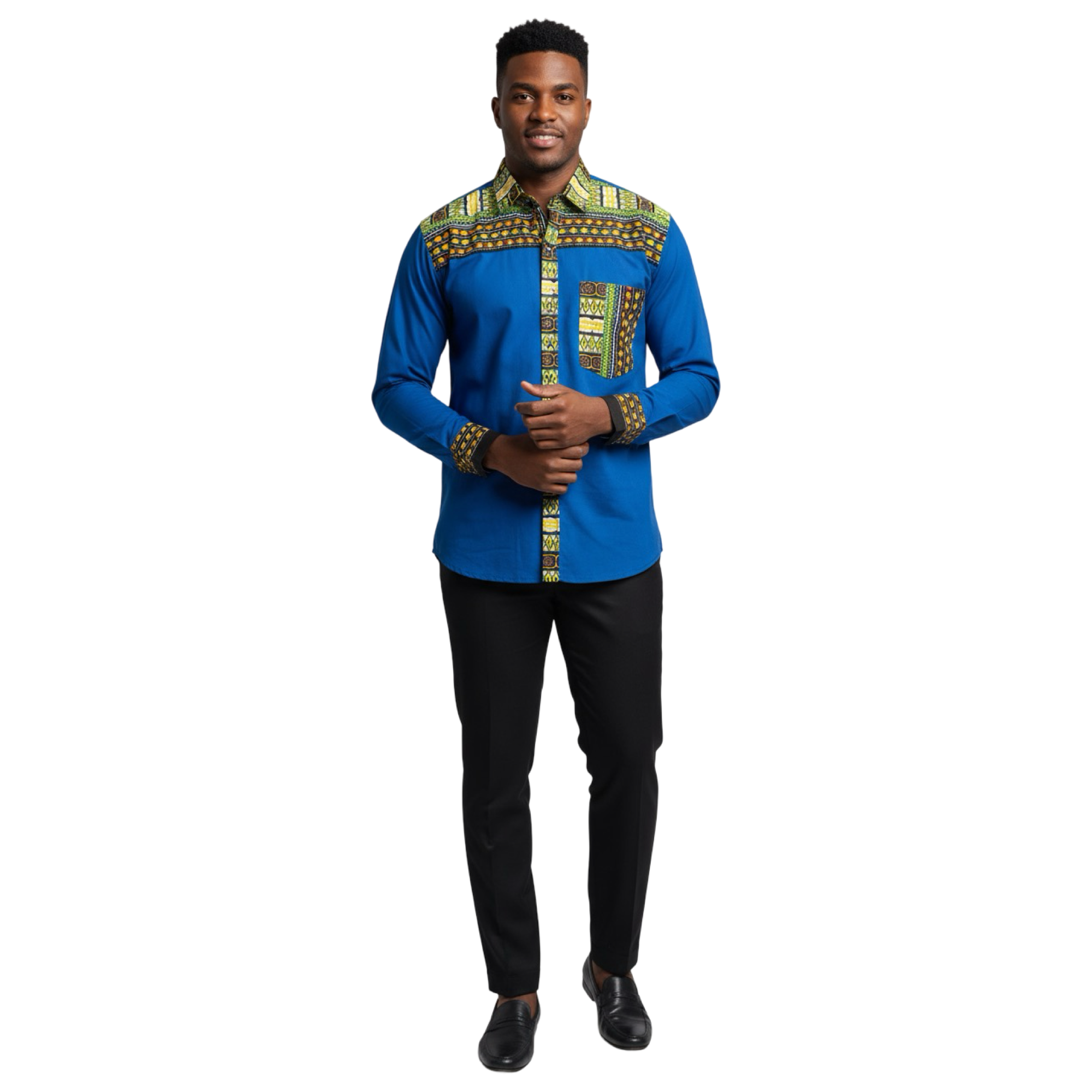 African Trim Botton Down Shirt-Blue