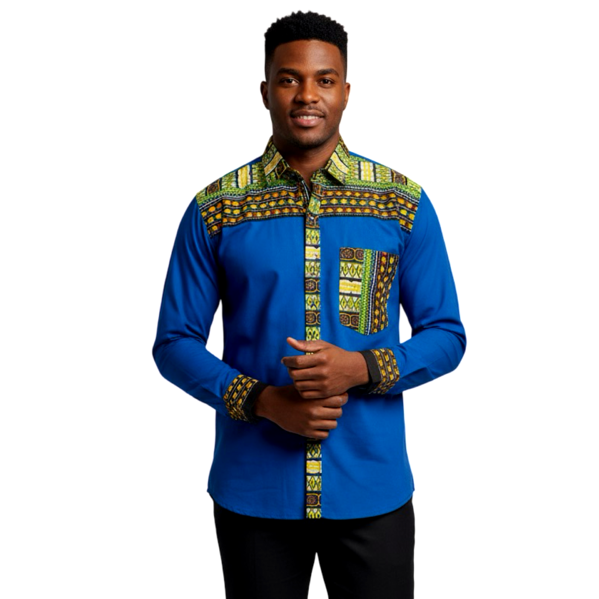 African Trim Botton Down Shirt-Blue