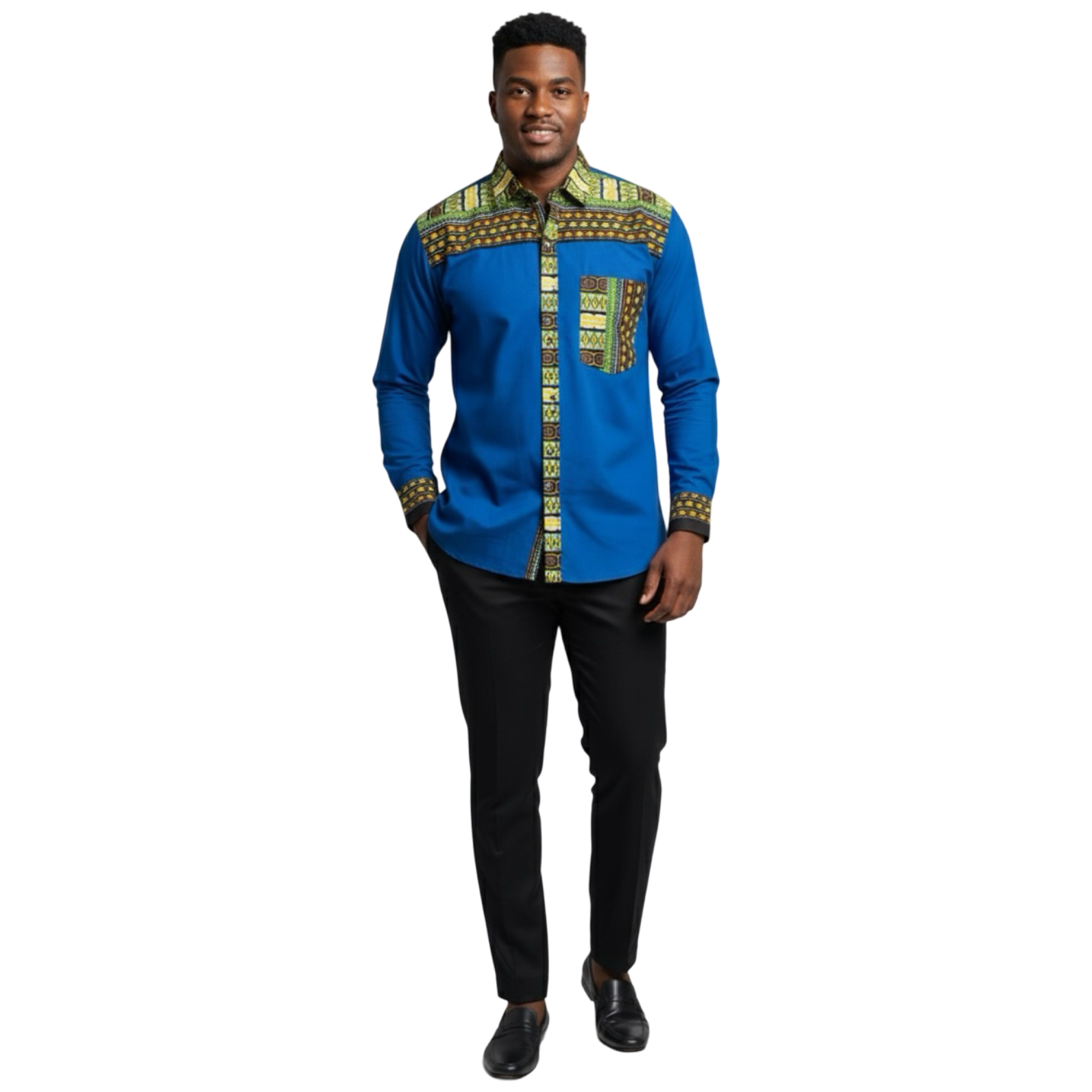 African Trim Botton Down Shirt-Blue
