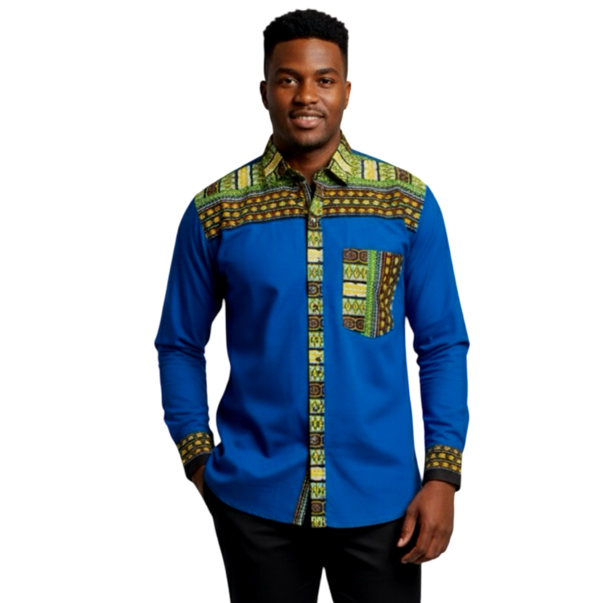 African Trim Botton Down Shirt-Blue