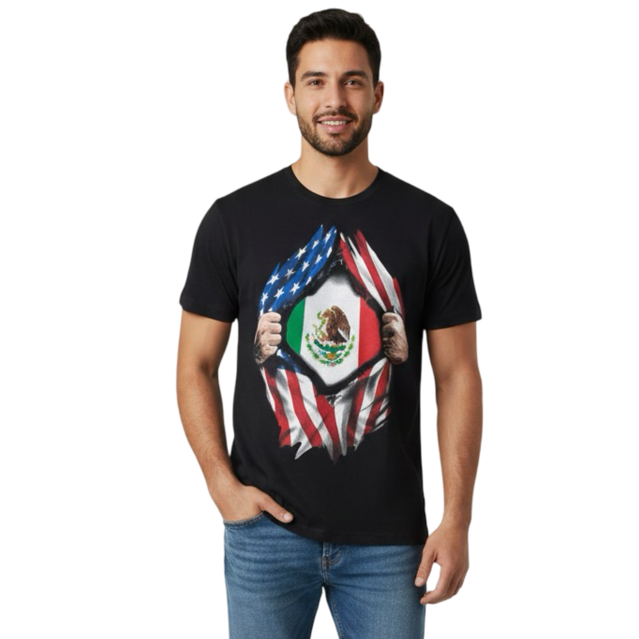 Tee Shirt - Mexico Flag Inside Heart American Flag