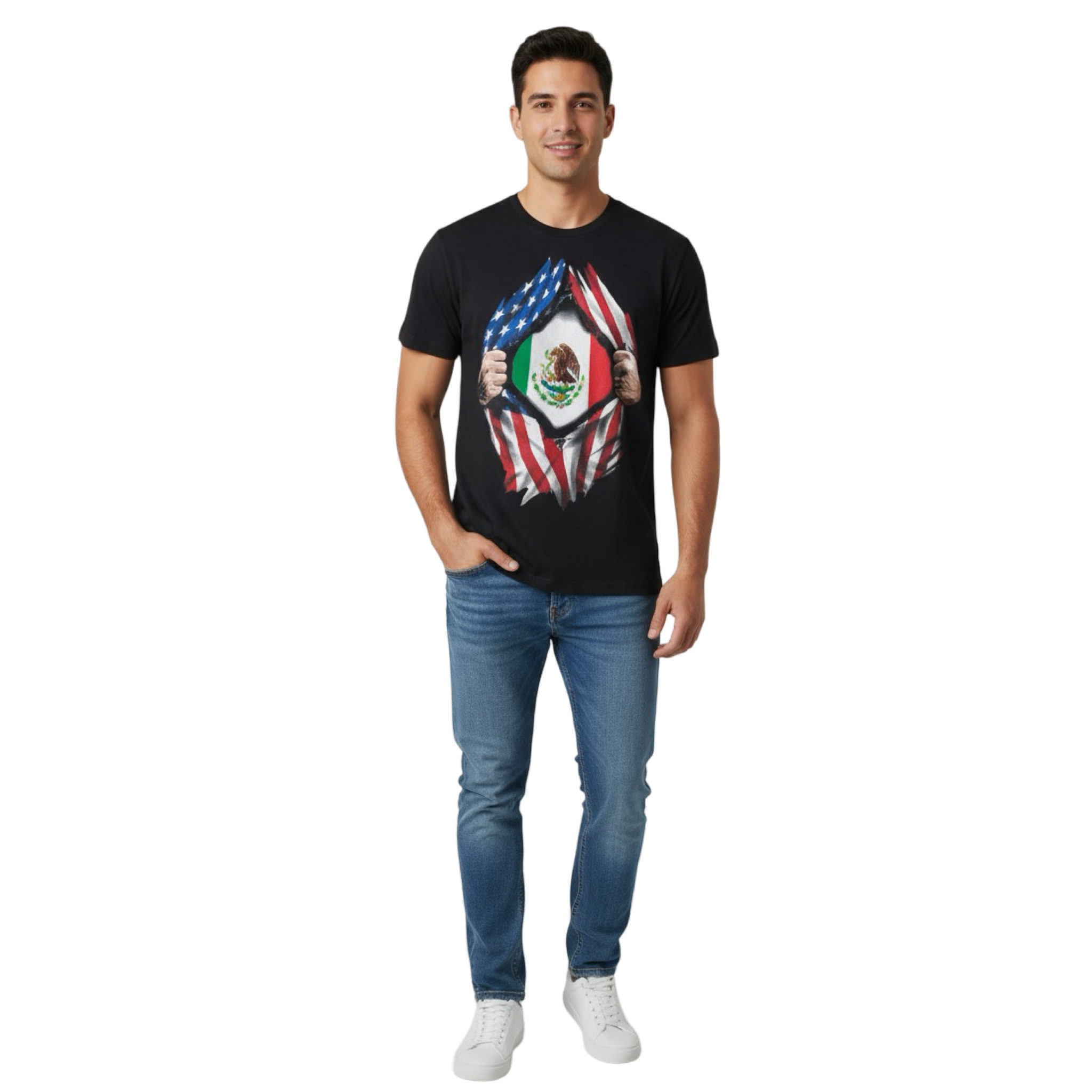 Tee Shirt - Mexico Flag Inside Heart American Flag