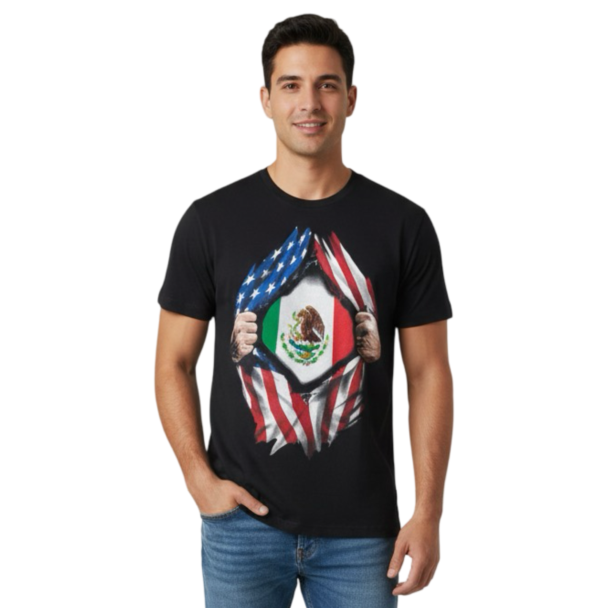 Tee Shirt - Mexico Flag Inside Heart American Flag