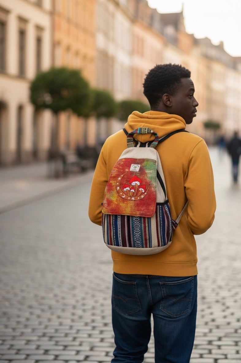 Mushroom Moon Embroidery Hemp Backpack.