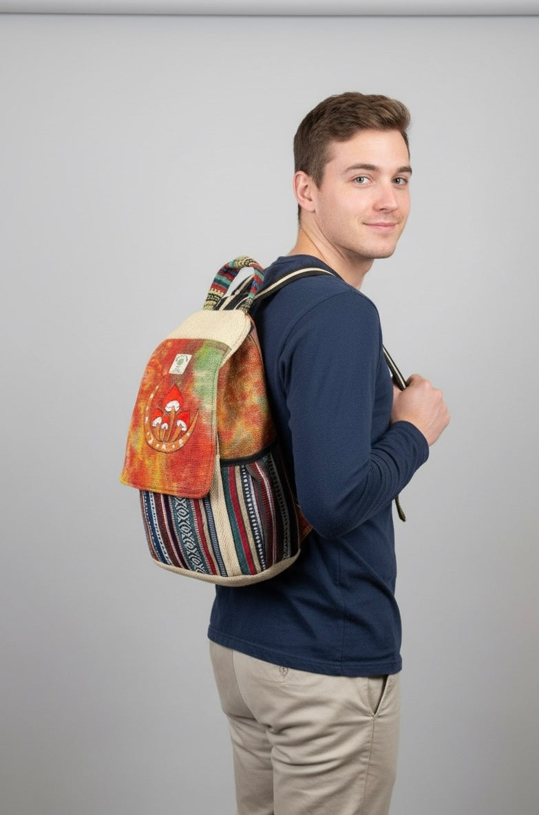 Mushroom Moon Embroidery Hemp Backpack.