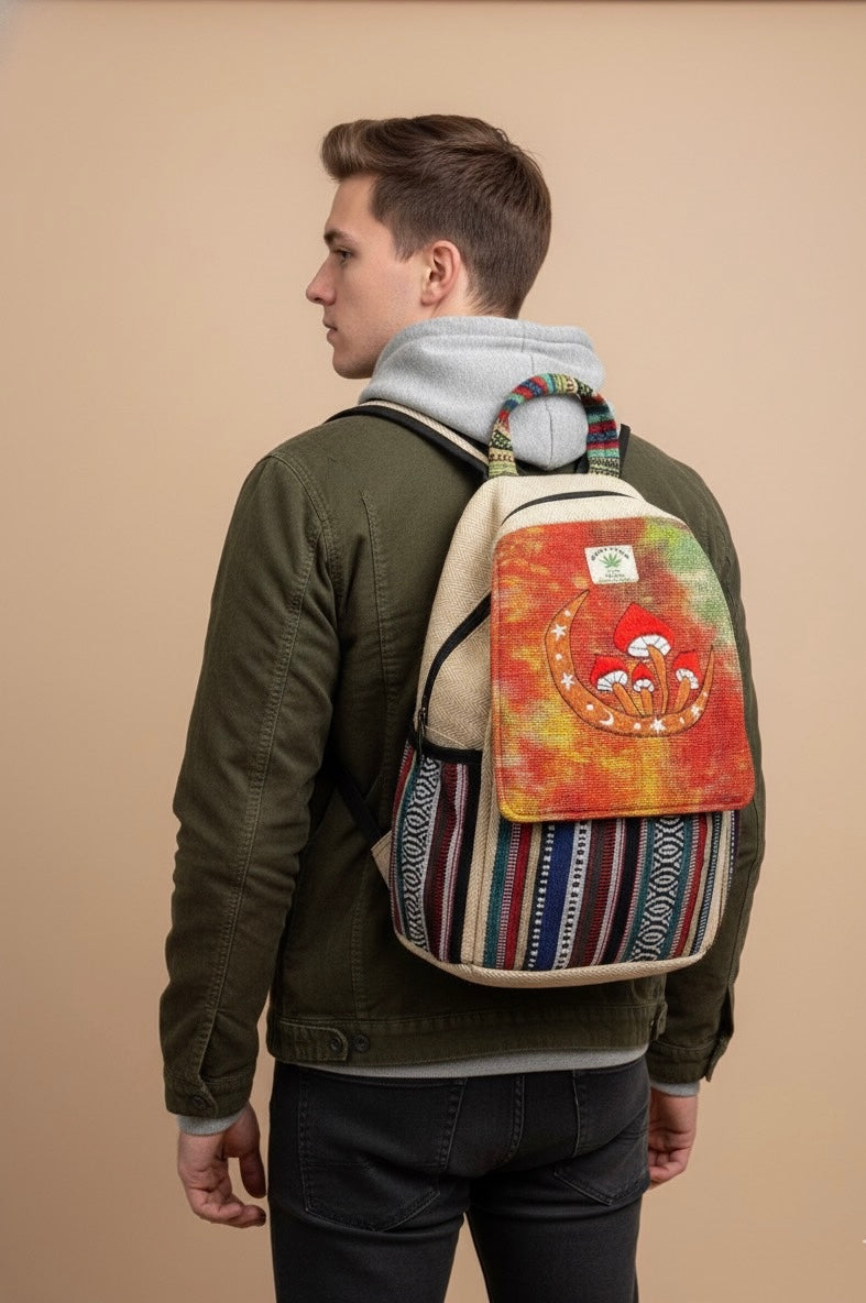 Mushroom Moon Embroidery Hemp Backpack.